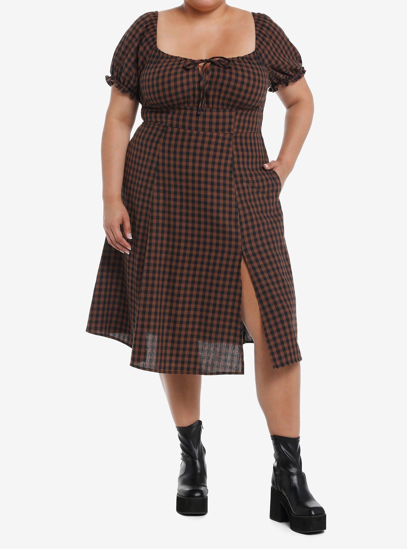 Thorn & Fable Brown & Black Checkered Empire Waist Midi Dress Plus Size, , hi-res