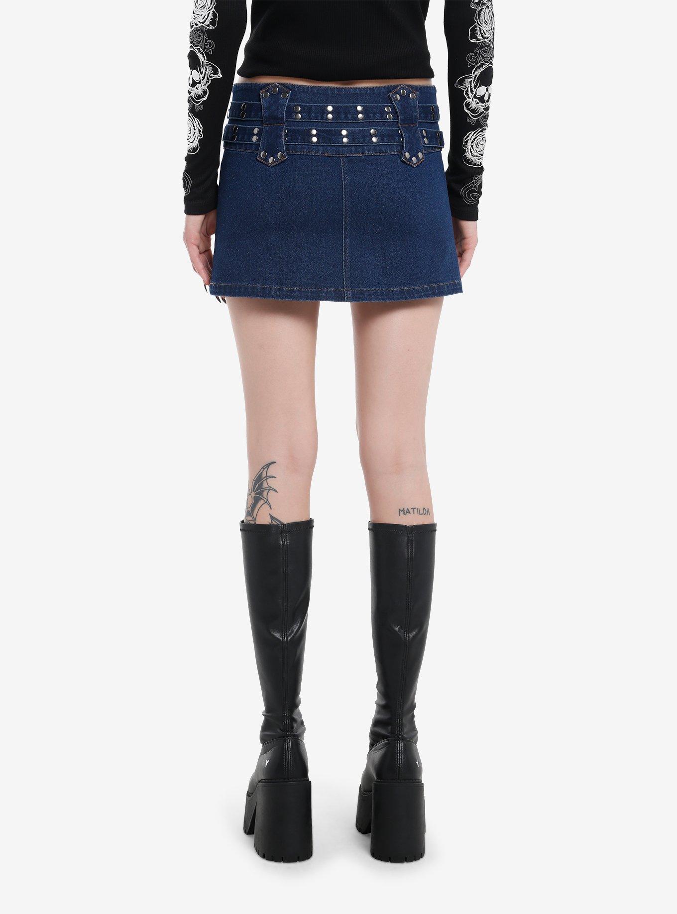 Social Collision Indigo Double-Belted Denim Mini Skirt, , hi-res