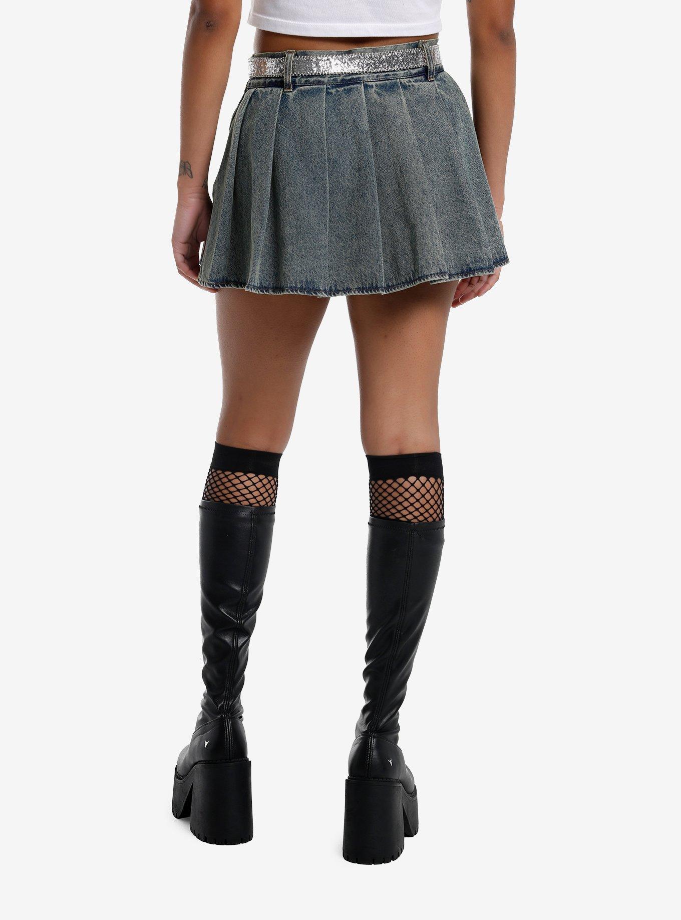 Social Collision Glitter Belt Denim Pleated Skirt