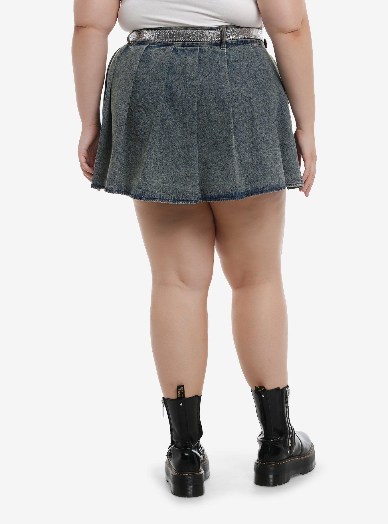 Social Collision Glitter Belt Denim Pleated Skirt Plus Size, , hi-res