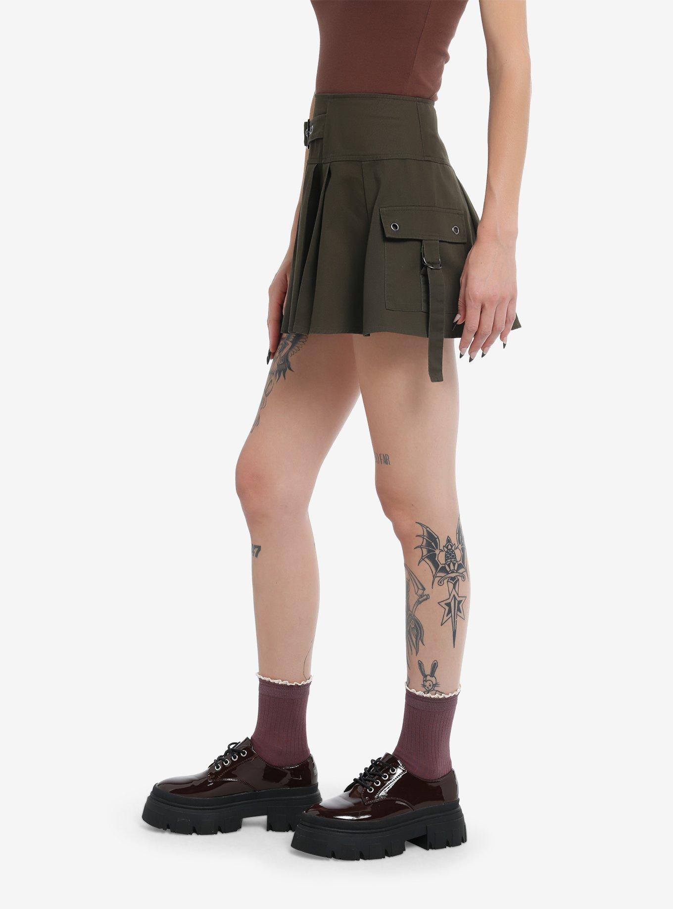 Thorn & Fable Army Green Cargo Pocket Pleated Skirt, BLACK, alternate