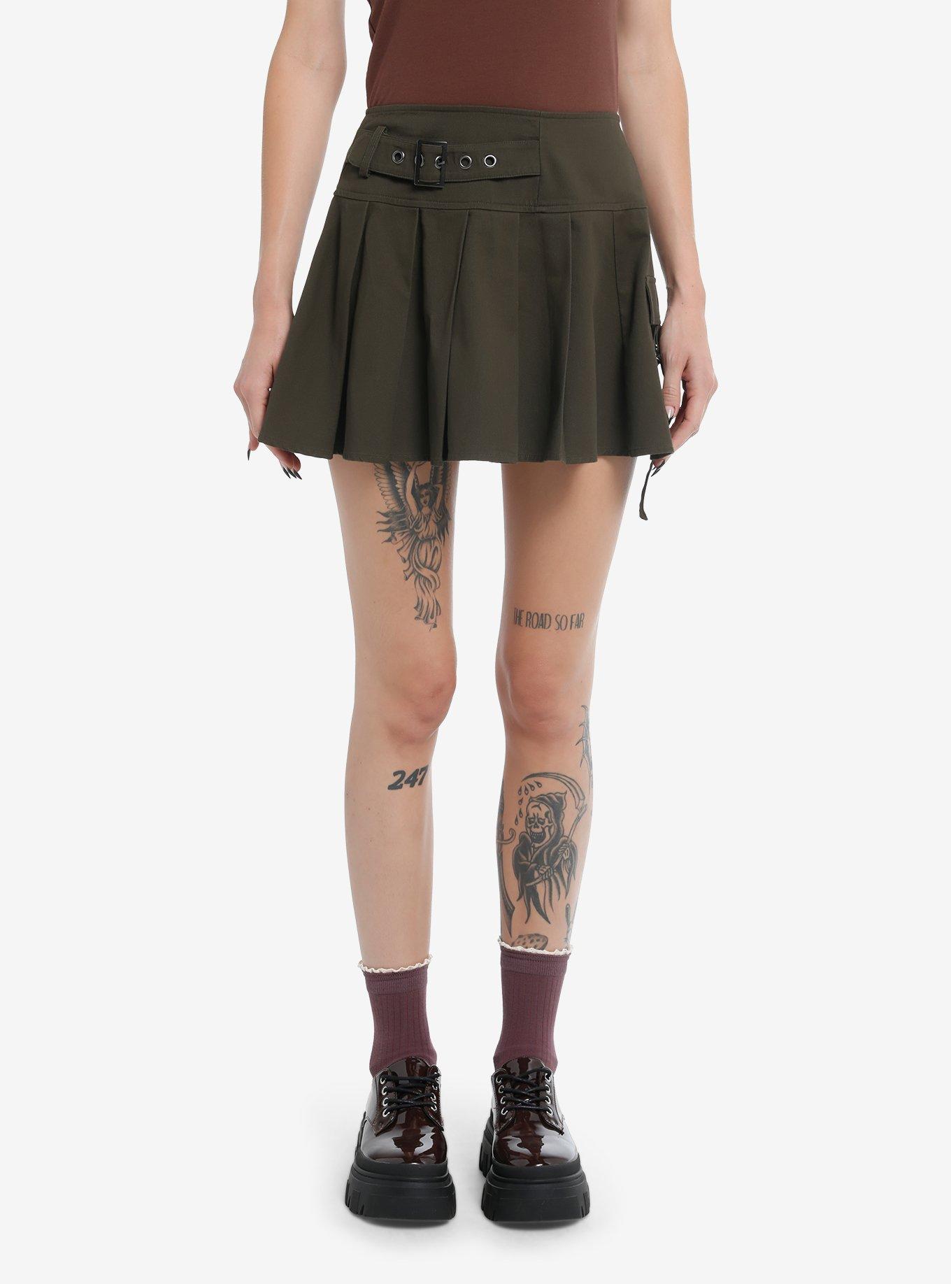 Thorn & Fable Army Green Cargo Pocket Pleated Skirt, BLACK, alternate