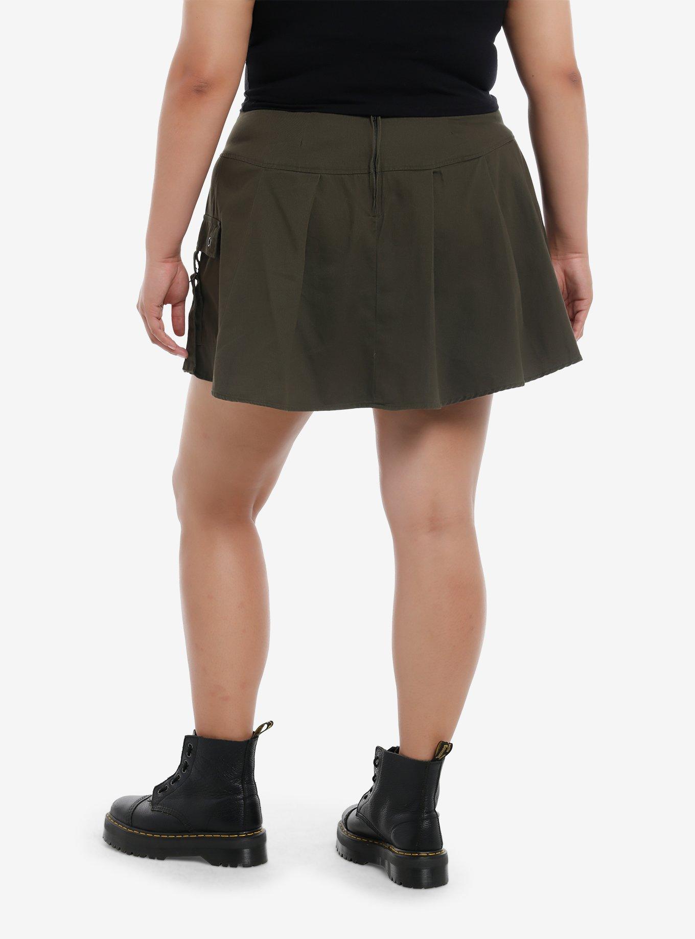 Thorn & Fable Army Green Cargo Pocket Pleated Skirt Plus Size, , hi-res