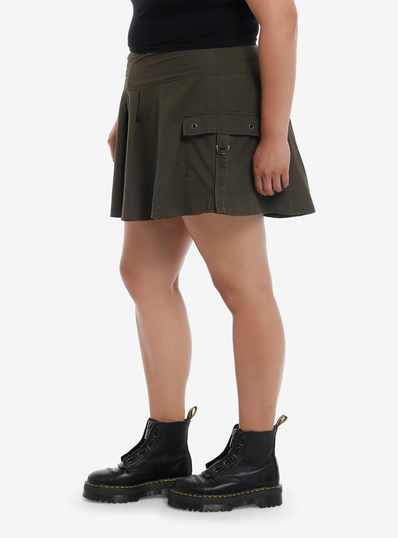 Thorn & Fable Army Green Cargo Pocket Pleated Skirt Plus Size, BLACK, alternate