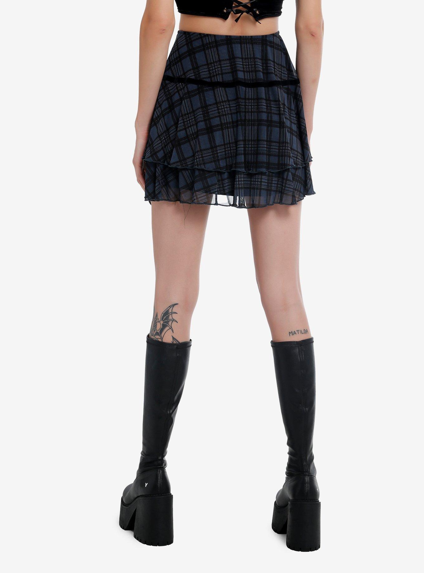 Social Collision Black & Blue Grey Plaid Tiered Skirt, BLACK, alternate