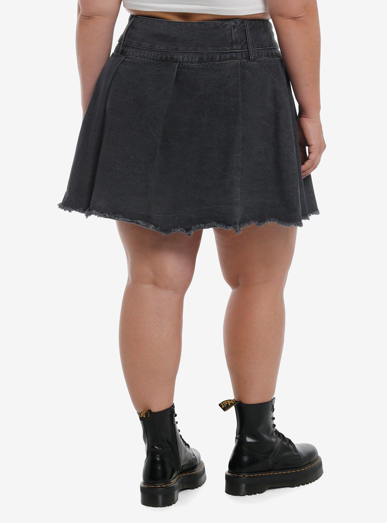 Social Collision Grey Frayed Star Pleated Denim Skirt Plus Size, , hi-res