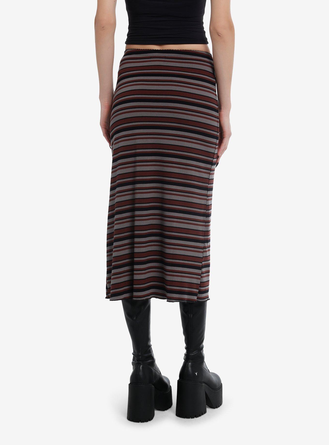 Thorn & Fable Maroon Brown & Black Stripe Knit Midi Skirt, , hi-res