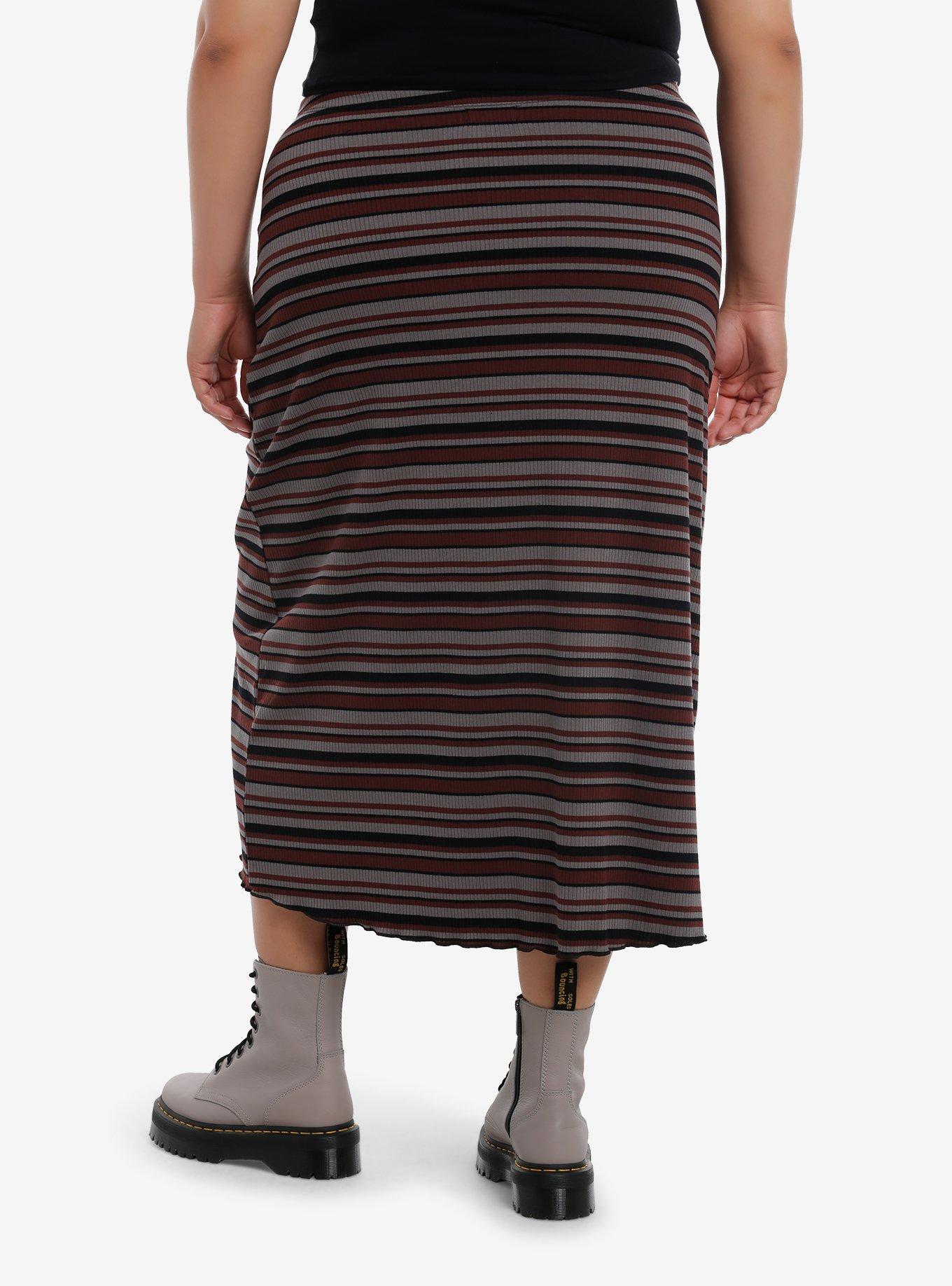 Thorn & Fable Maroon Brown & Black Stripe Knit Midi Skirt, , hi-res