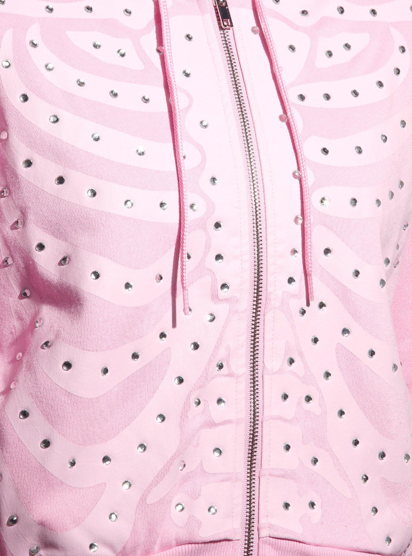 Pastel Pink Rib Cage Rhinestone Girls Hoodie, , alternate