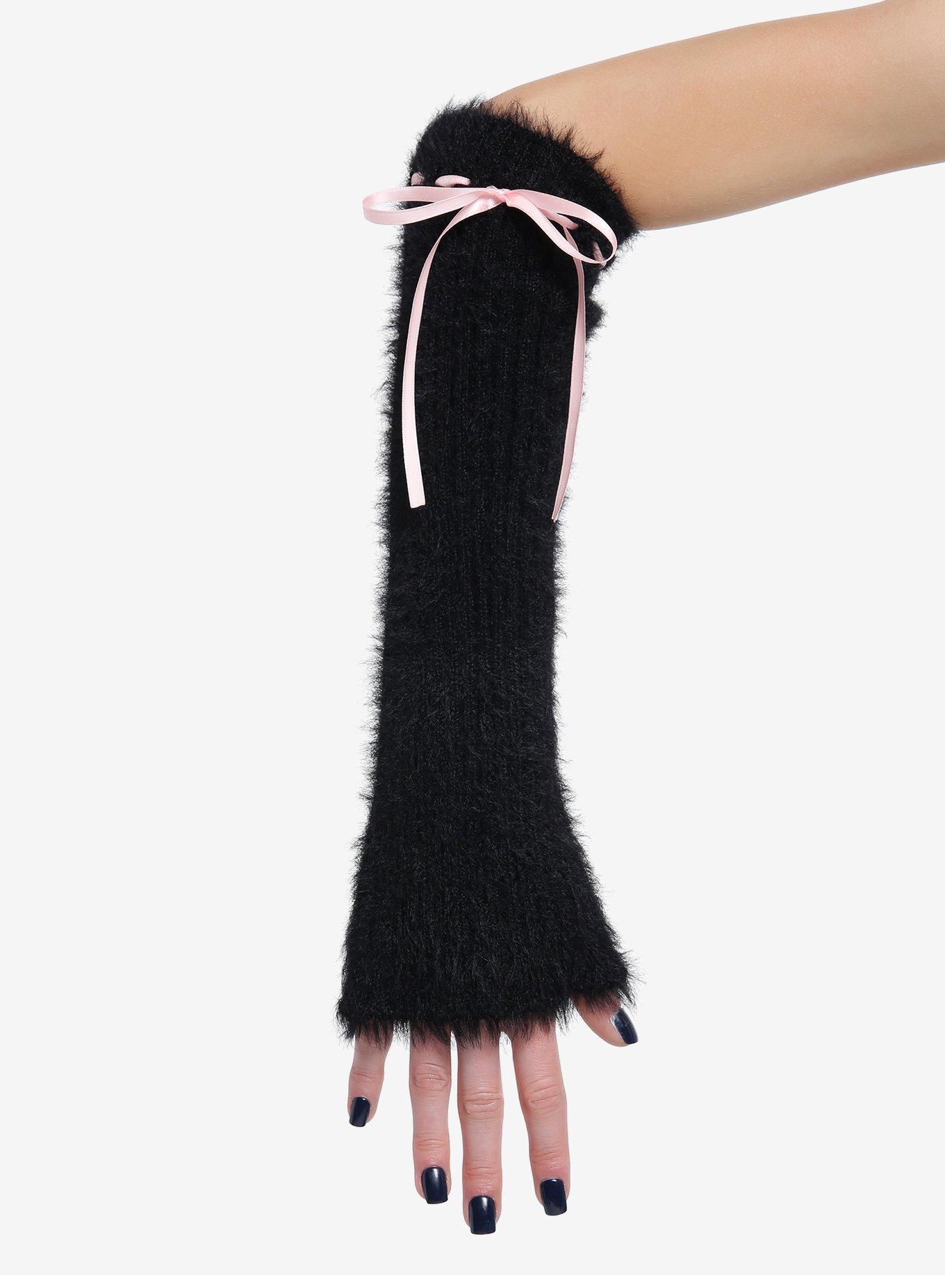 Black & Pink Bow Fuzzy Arm Warmers, , alternate