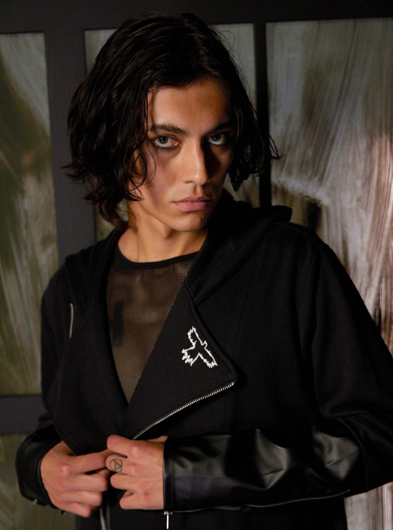The Crow Logo Moto Hooded Cardigan, BLACK, alternate