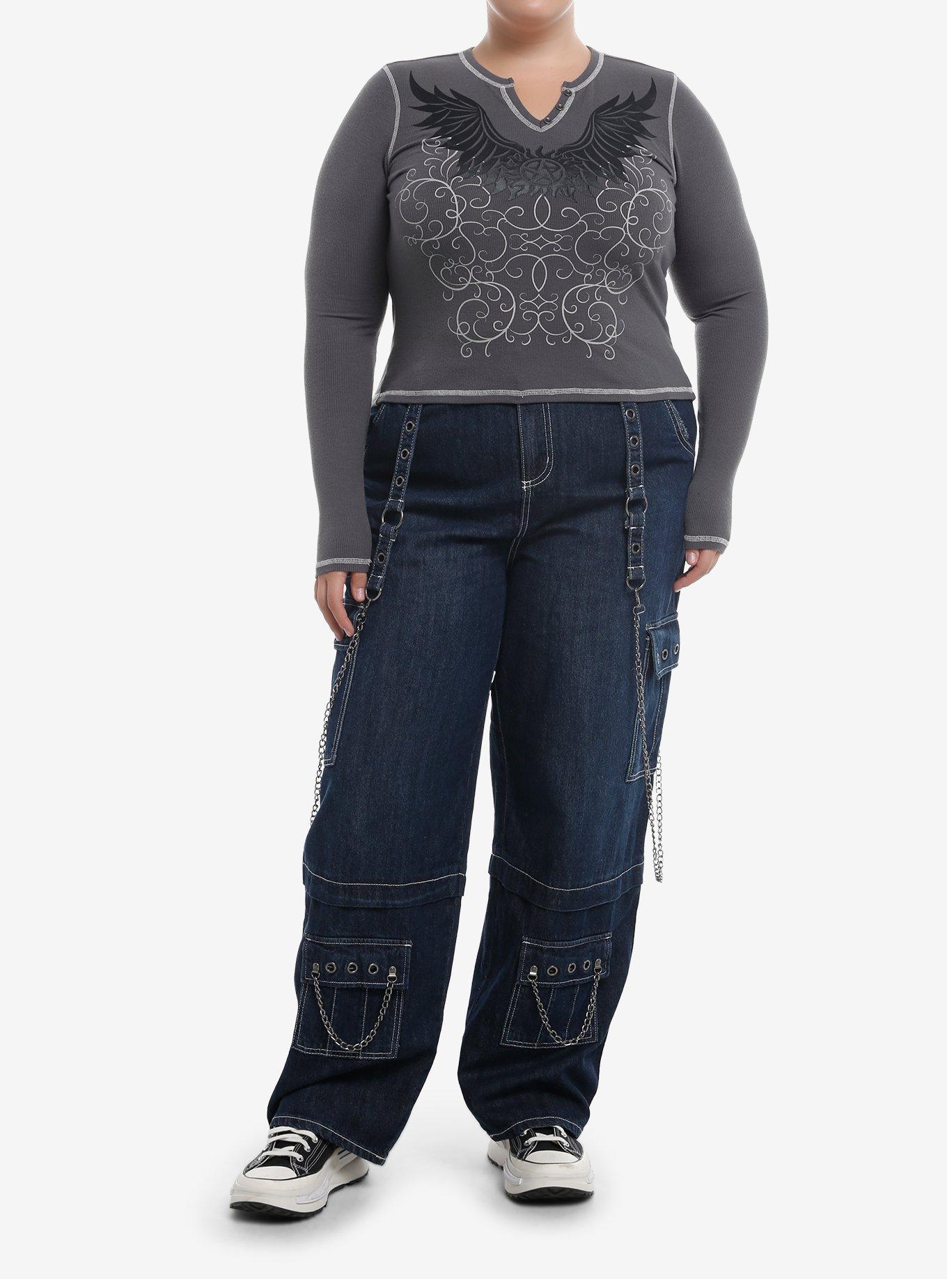 Supernatural Anti-Possession Symbol Girls Henley Long-Sleeve Top Plus Size, GREY, alternate