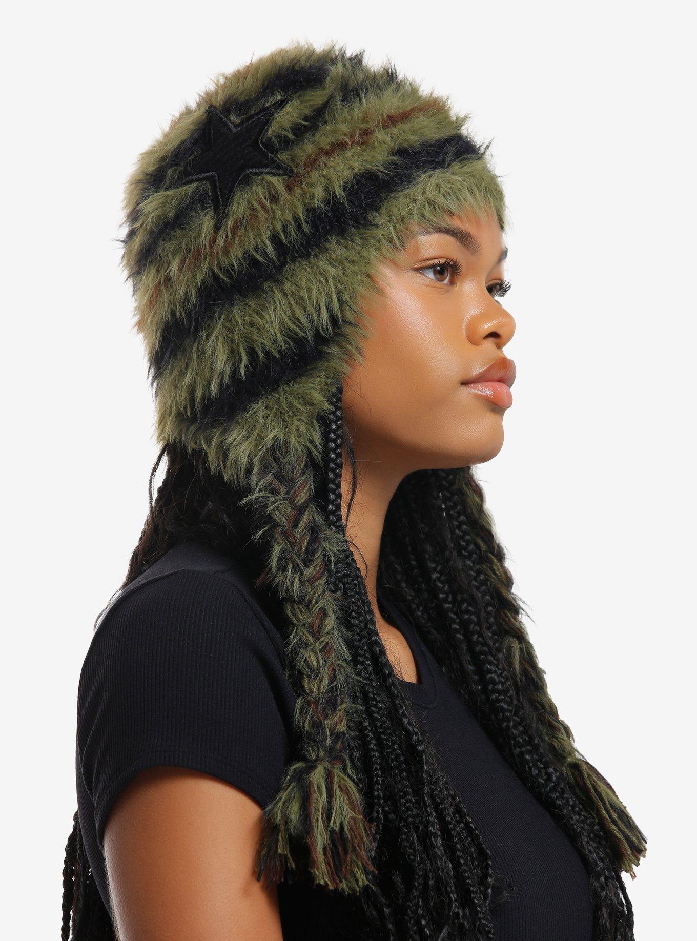 Green Stripe Star Fuzzy Tassel Beanie, , hi-res