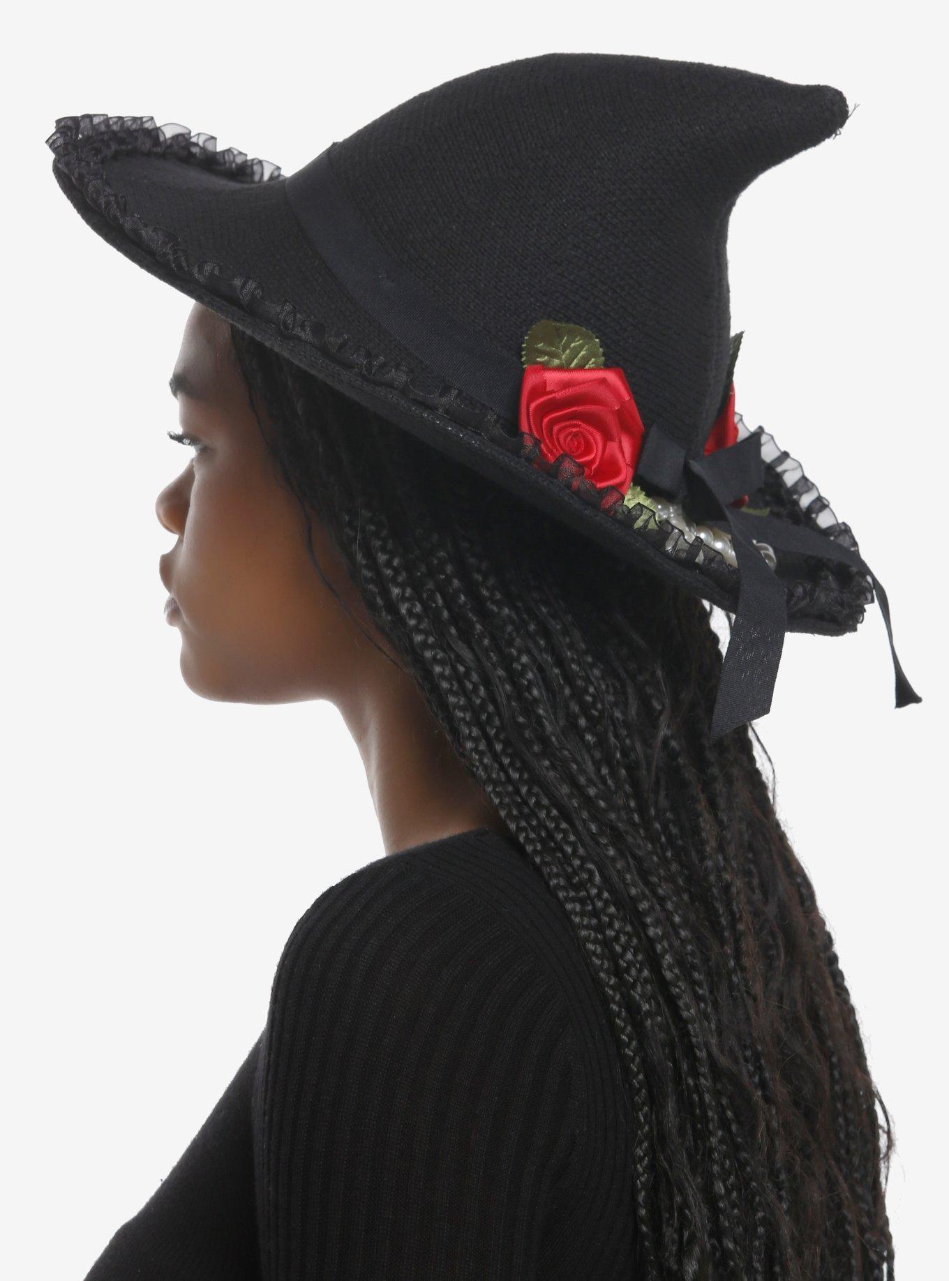 Black Rose Pearl Bow Lace Witch Hat, , hi-res