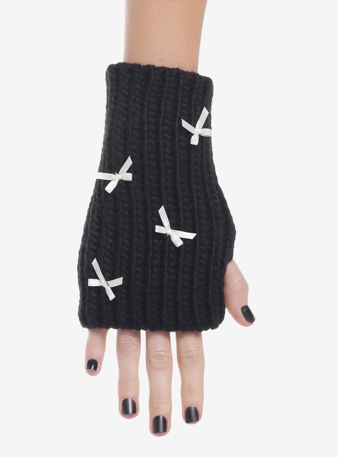Black Chunky Knit White Ribbon Fingerless Gloves, , alternate