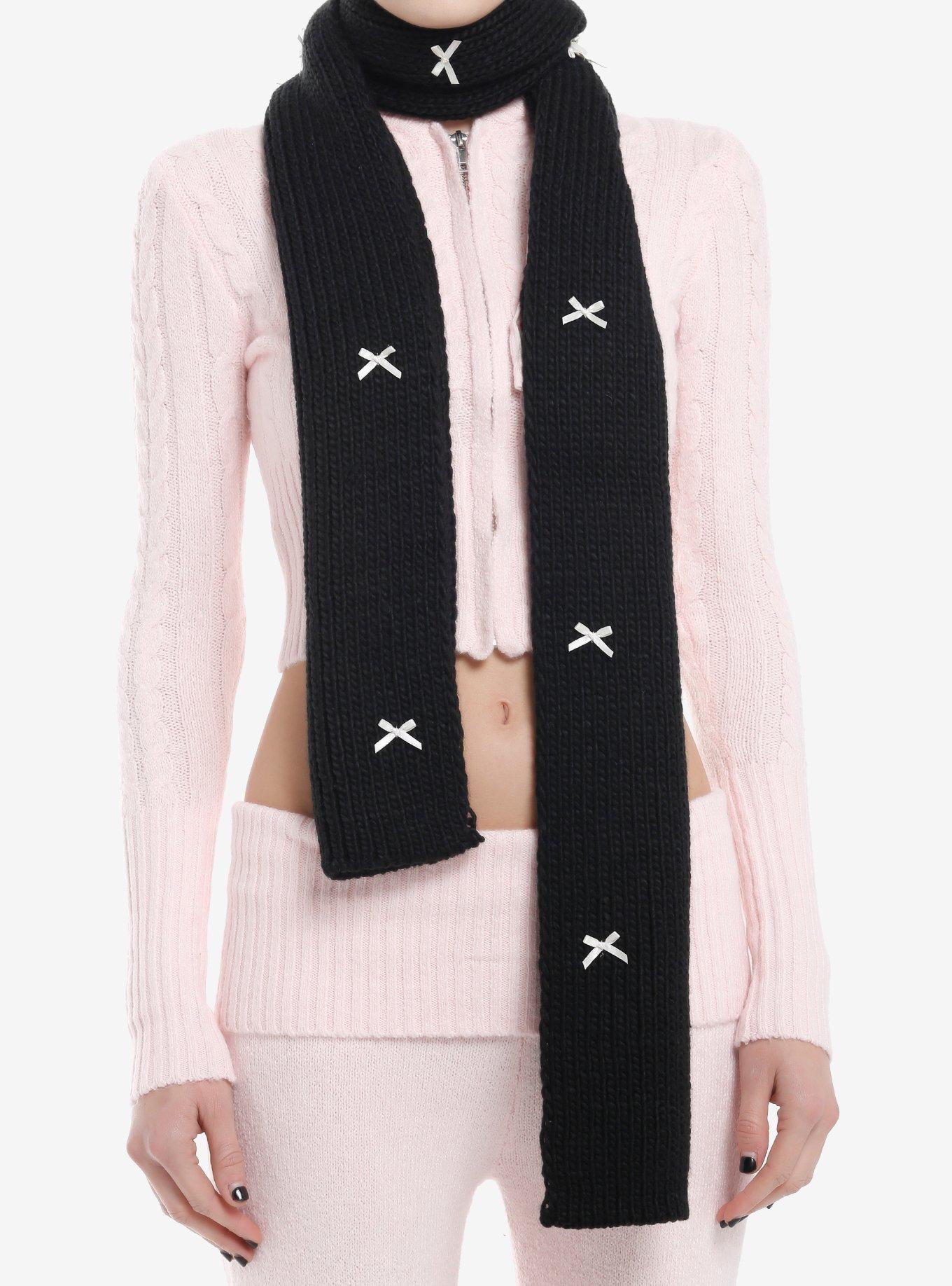 Black & Pastel Pink Bows Knit Scarf, , hi-res