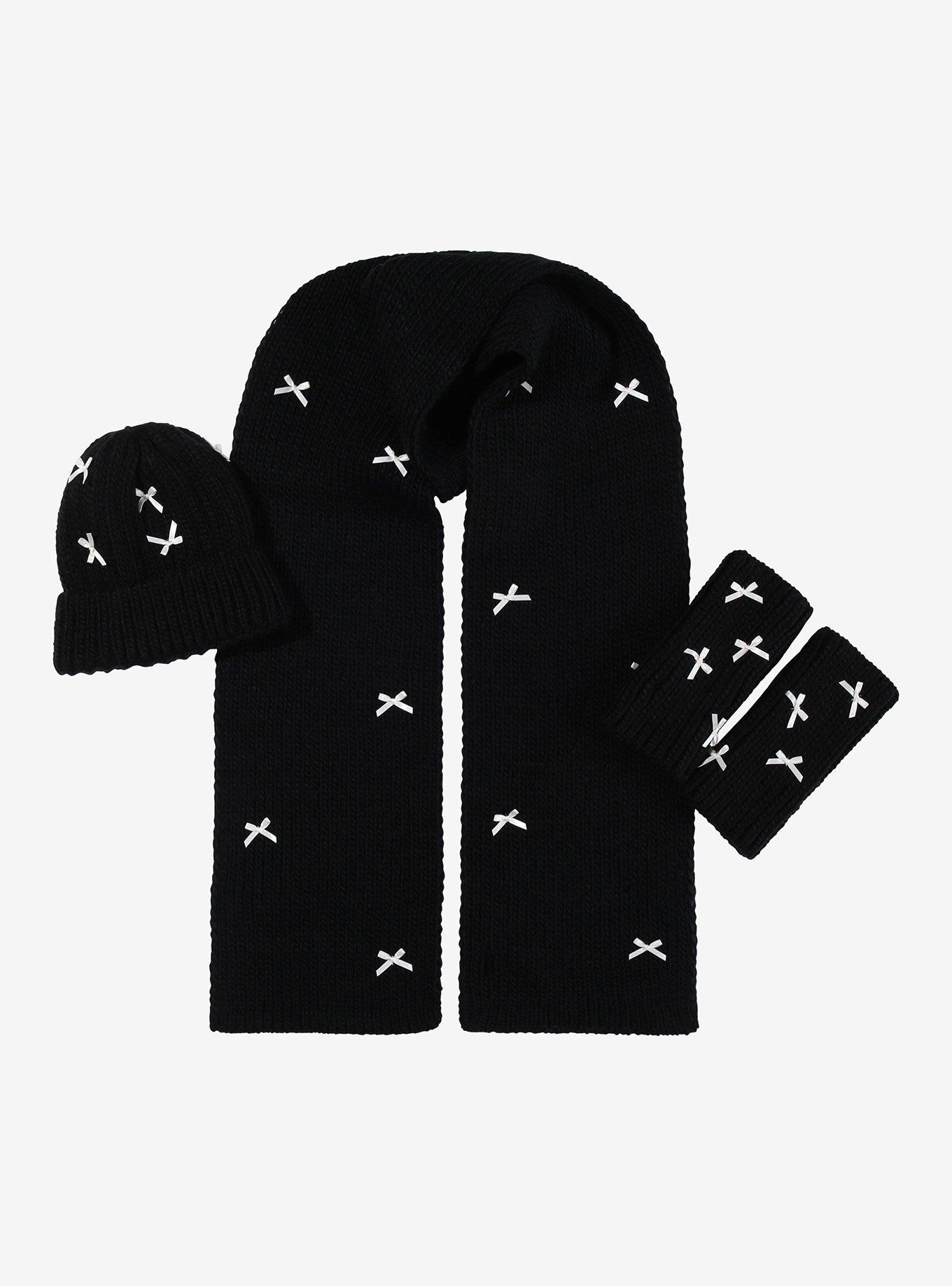 Black & Pastel Pink Bows Knit Scarf, , alternate