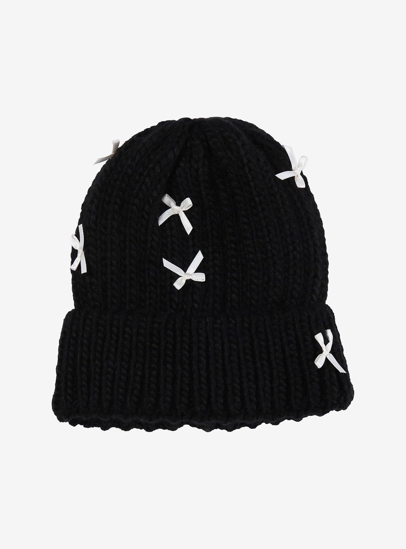 Black Chunky Knit White Ribbon Beanie, , alternate