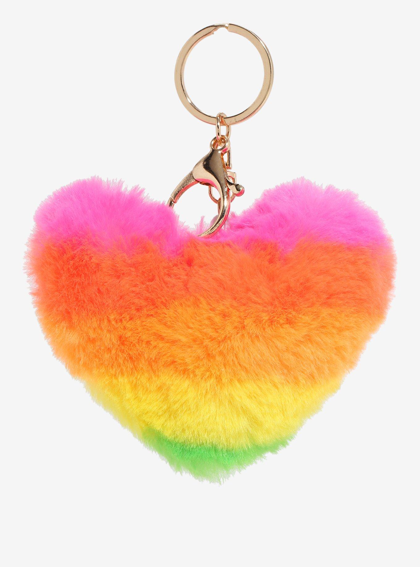 Rainbow Stripe Fuzzy Heart Plush Key Chain, , alternate