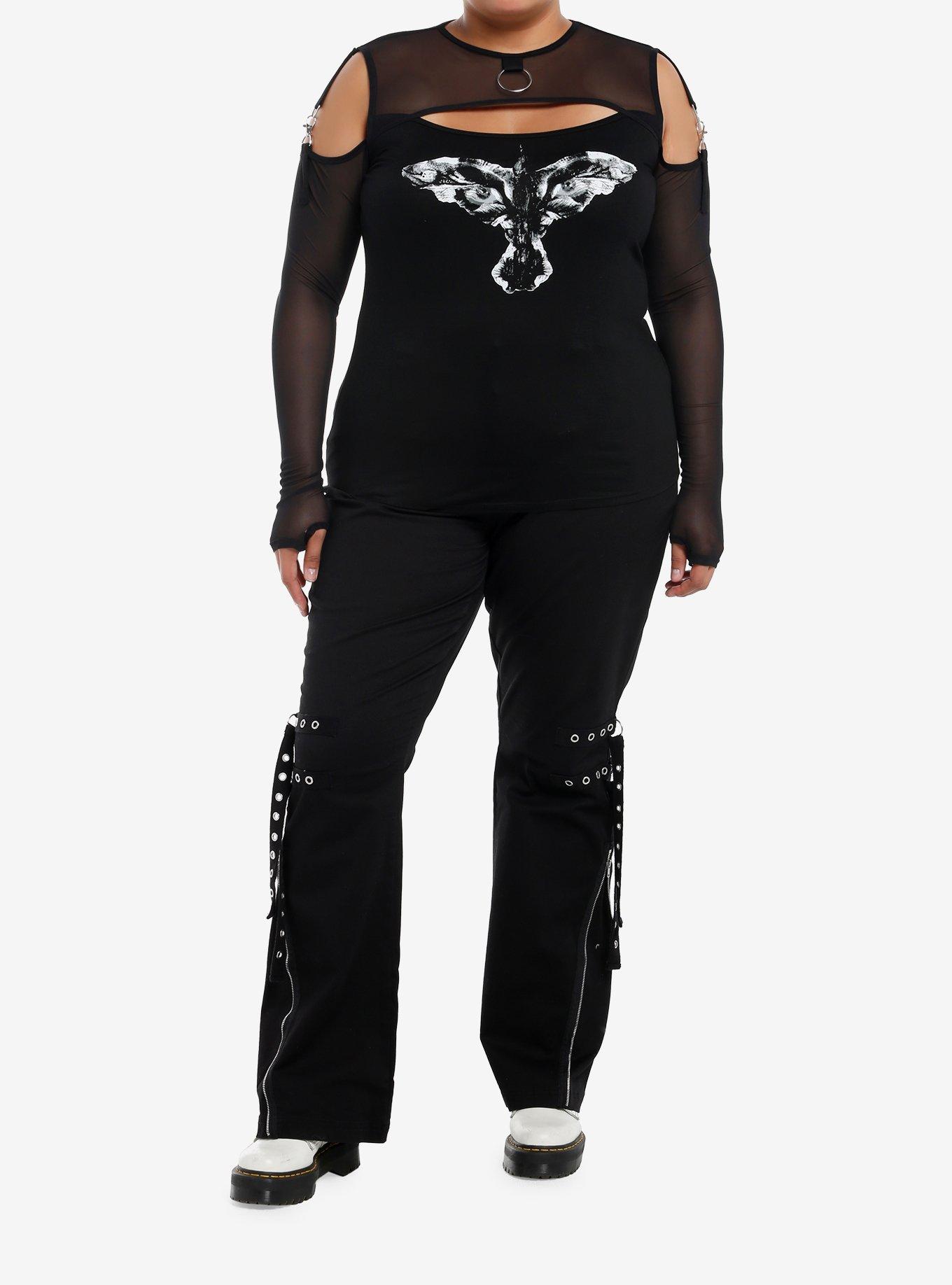 The Crow Logo Mesh Girls Cold Shoulder Long-Sleeve Top Plus Size, , hi-res