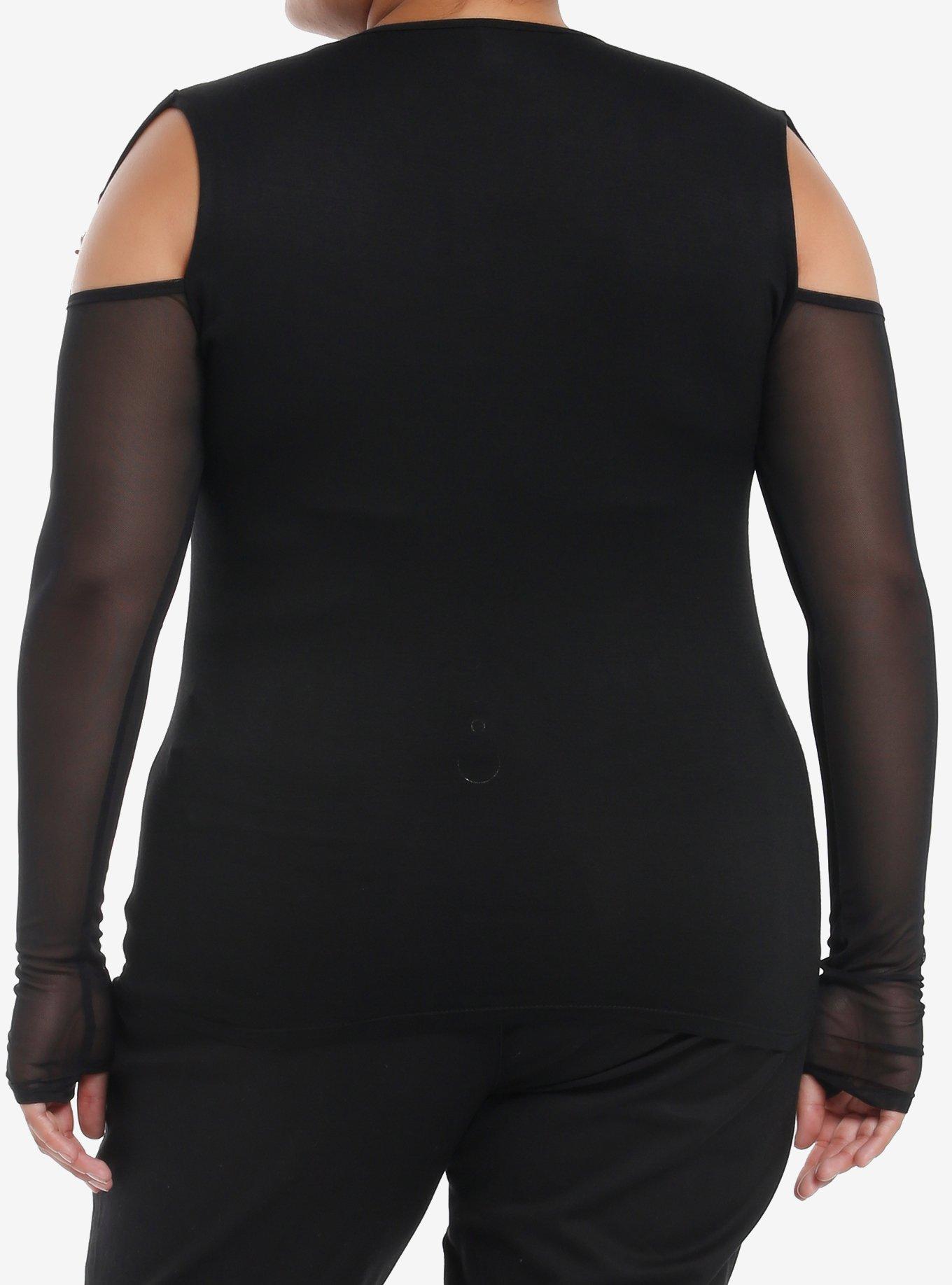 The Crow Logo Mesh Girls Cold Shoulder Long-Sleeve Top Plus Size, , alternate