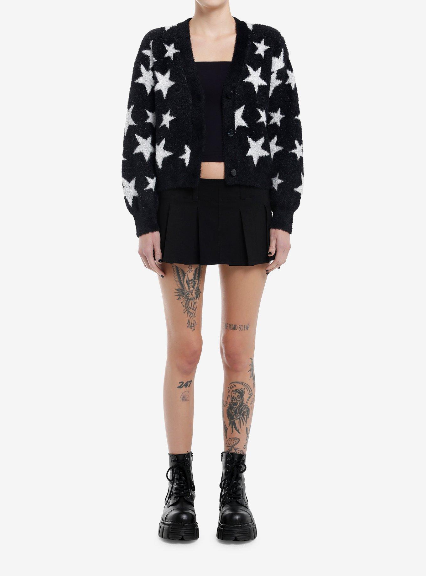 Black & White Star Fuzzy Girls Cardigan, , alternate