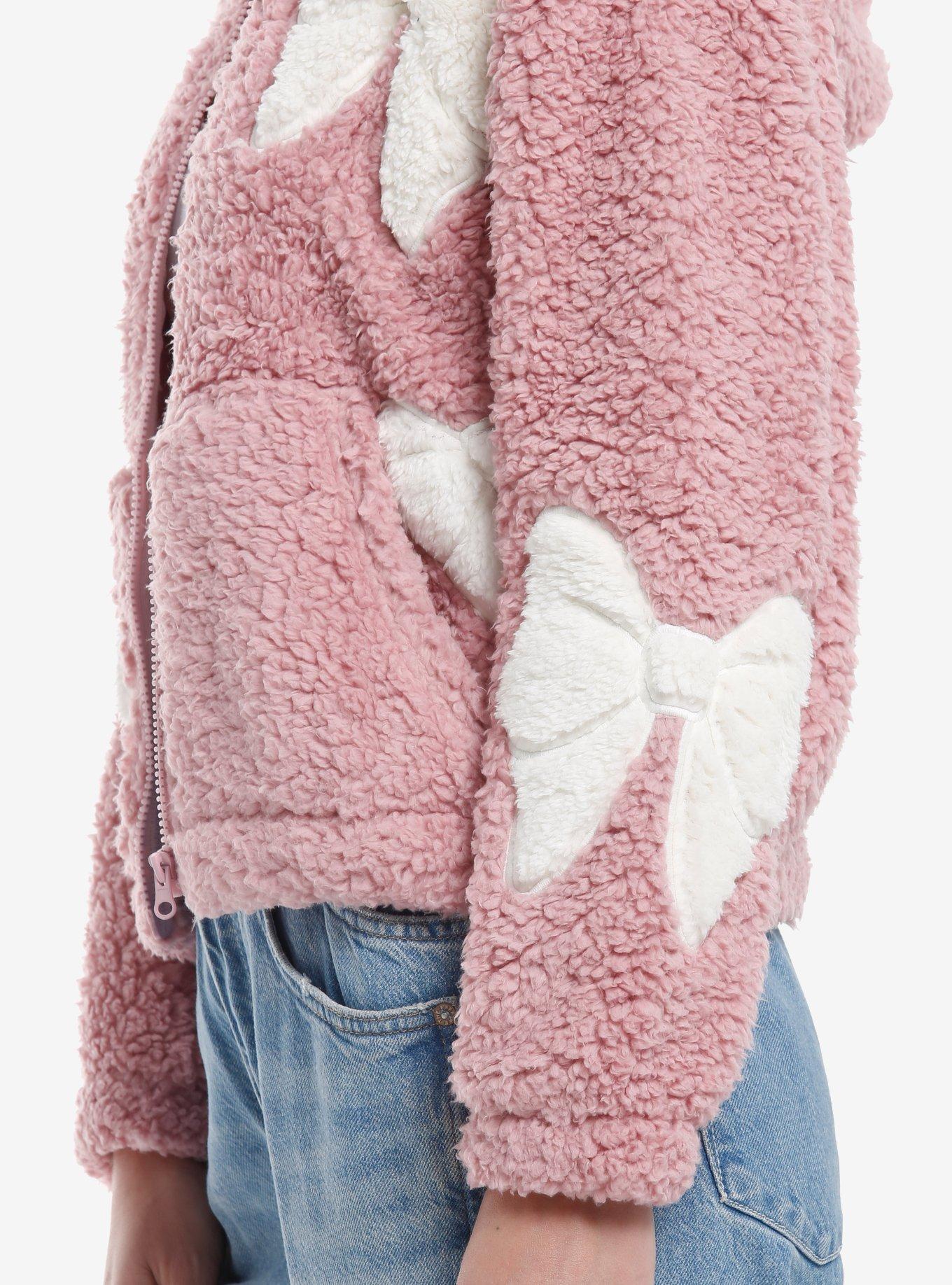 Pink & White Bow Sherpa Girls Hoodie, , alternate