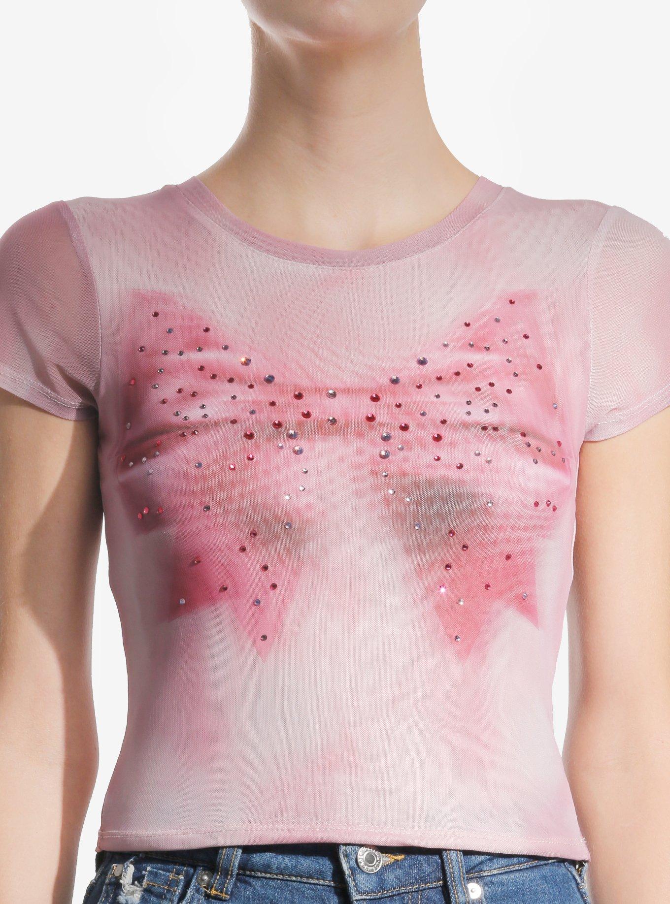 Pink Bow Rhinestone Mesh Girls Crop Top, PINK, alternate