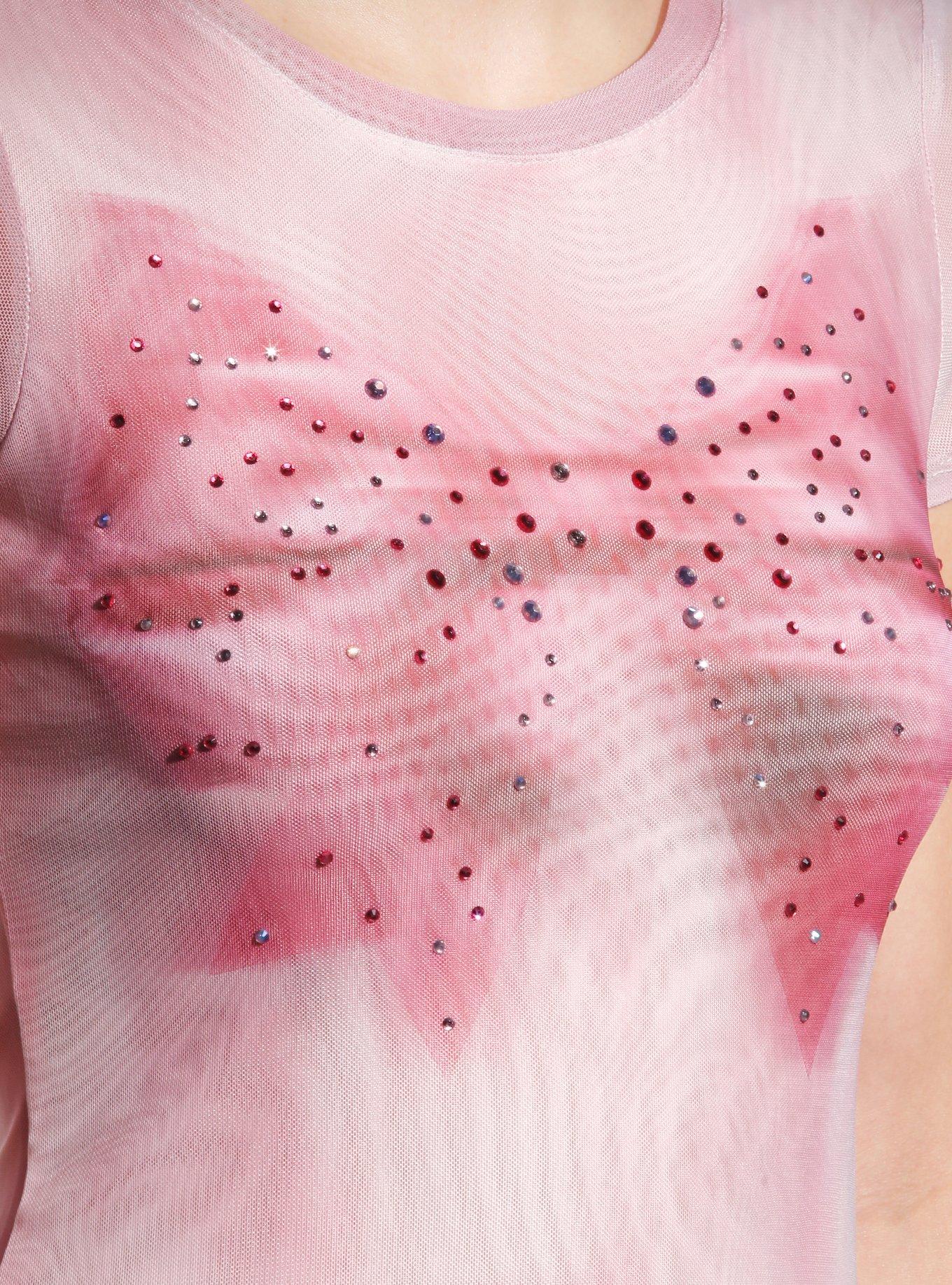 Pink Bow Rhinestone Mesh Girls Crop Top, PINK, alternate