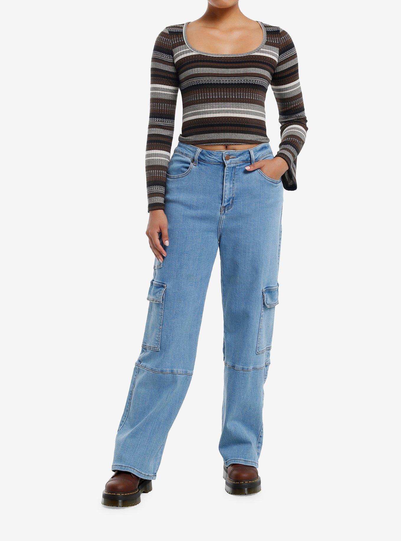 Brown & Grey Stripe Knit Girls Bell Sleeve Top, , hi-res
