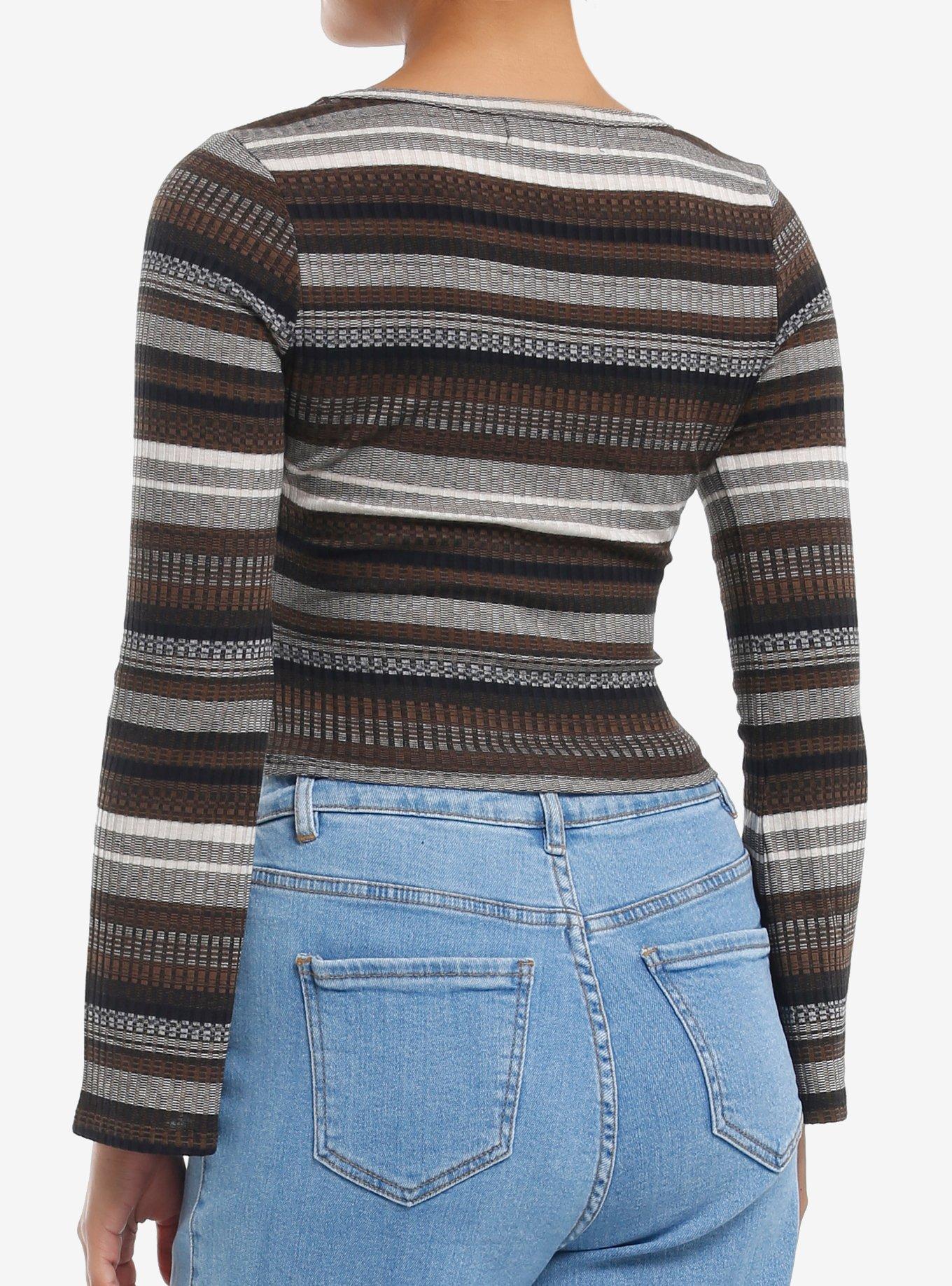 Brown & Grey Stripe Knit Girls Bell Sleeve Top, , alternate