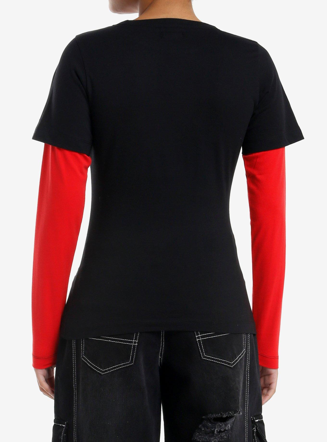 Social Collision Scratchy Skull Girls Twofer Long-Sleeve T-Shirt, RED, alternate