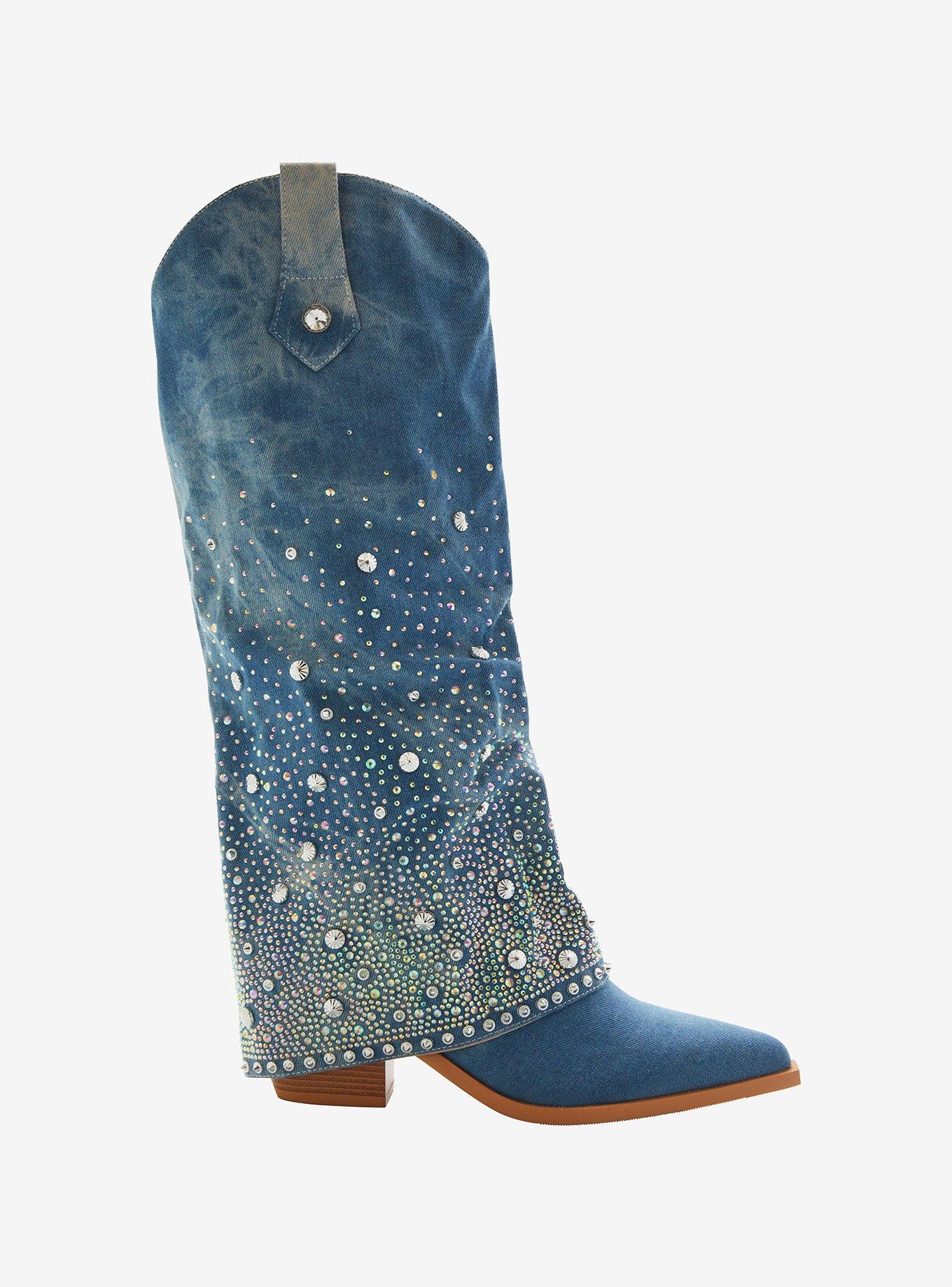 Azalea Wang Denim Bling Western Boots, MULTI, alternate