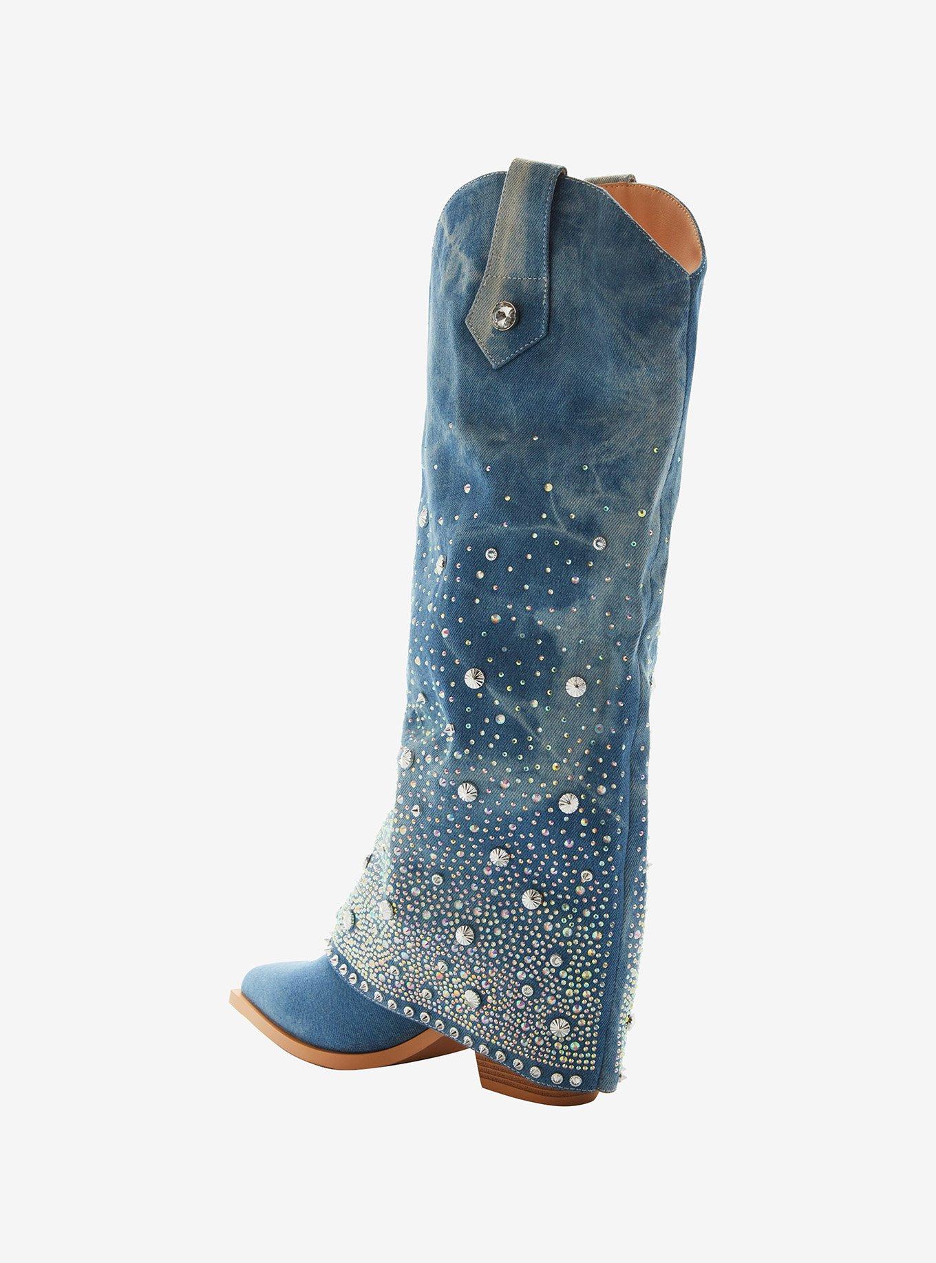 Azalea Wang Denim Bling Western Boots, MULTI, alternate