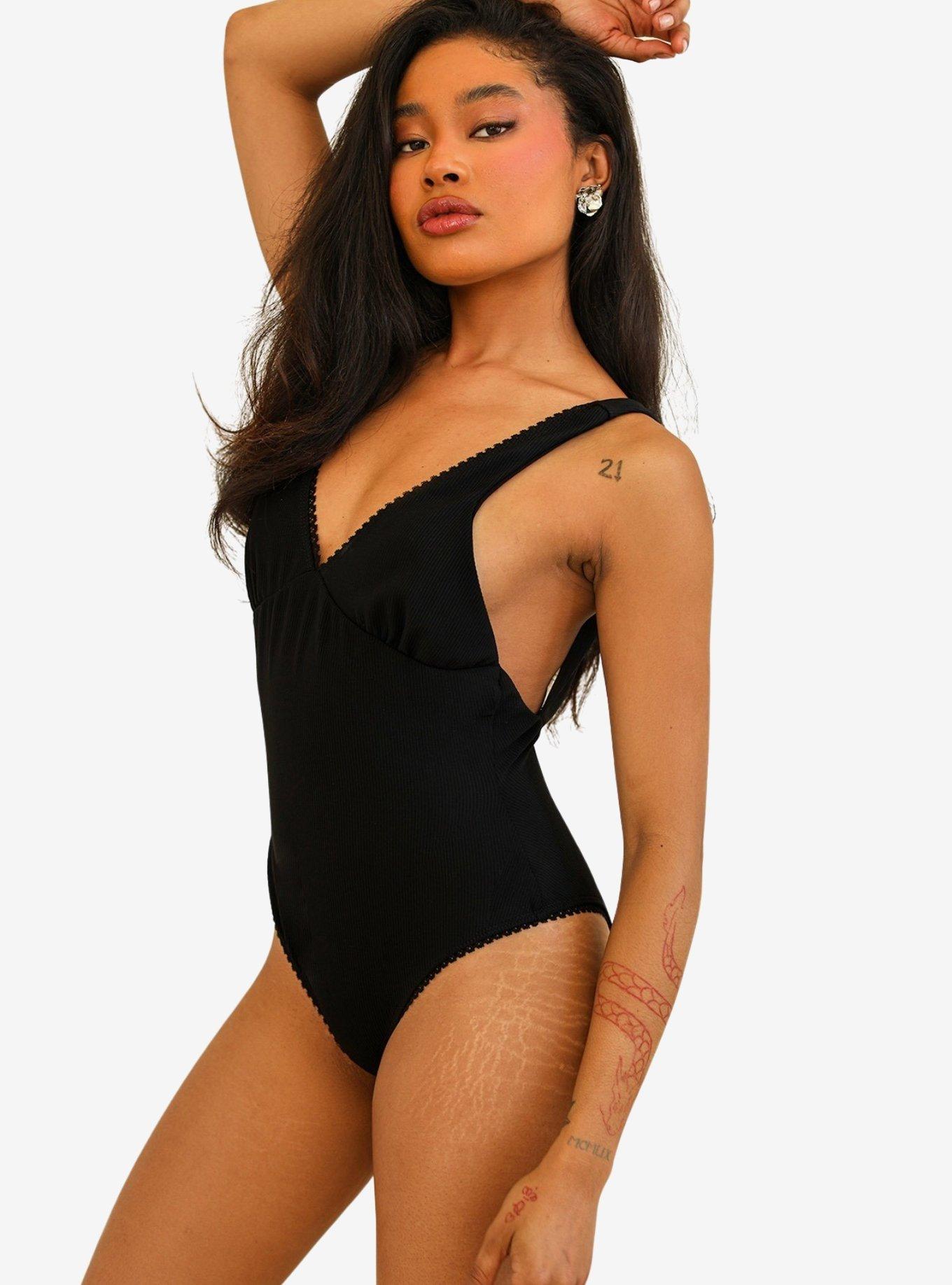 Dippin' Daisy's Hefner V Neck Ruffle Swim One Piece Black Rib, , hi-res