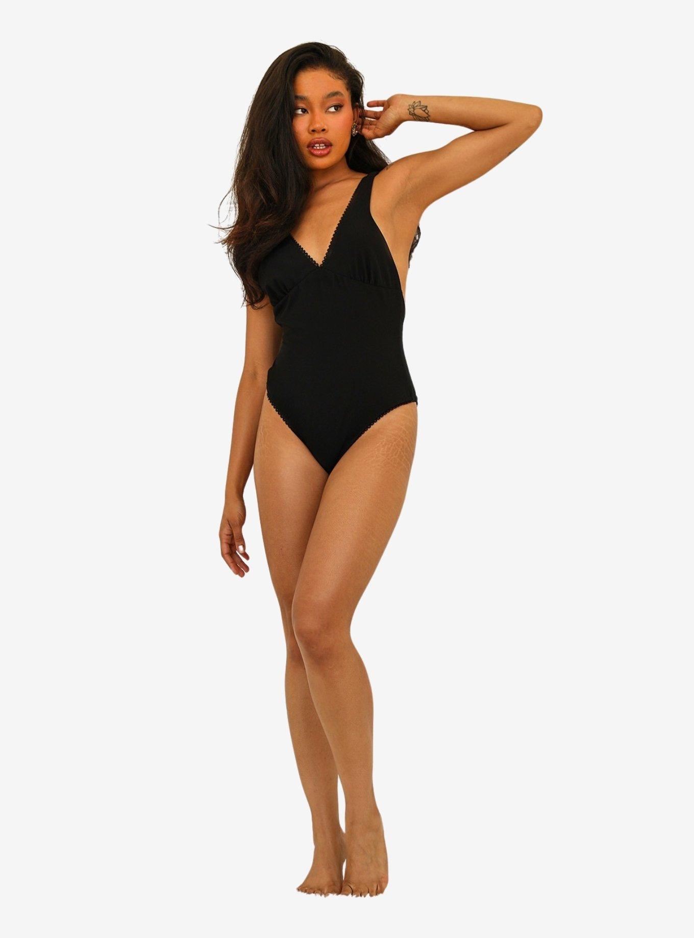 Dippin' Daisy's Hefner V Neck Ruffle Swim One Piece Black Rib, BLACK, alternate
