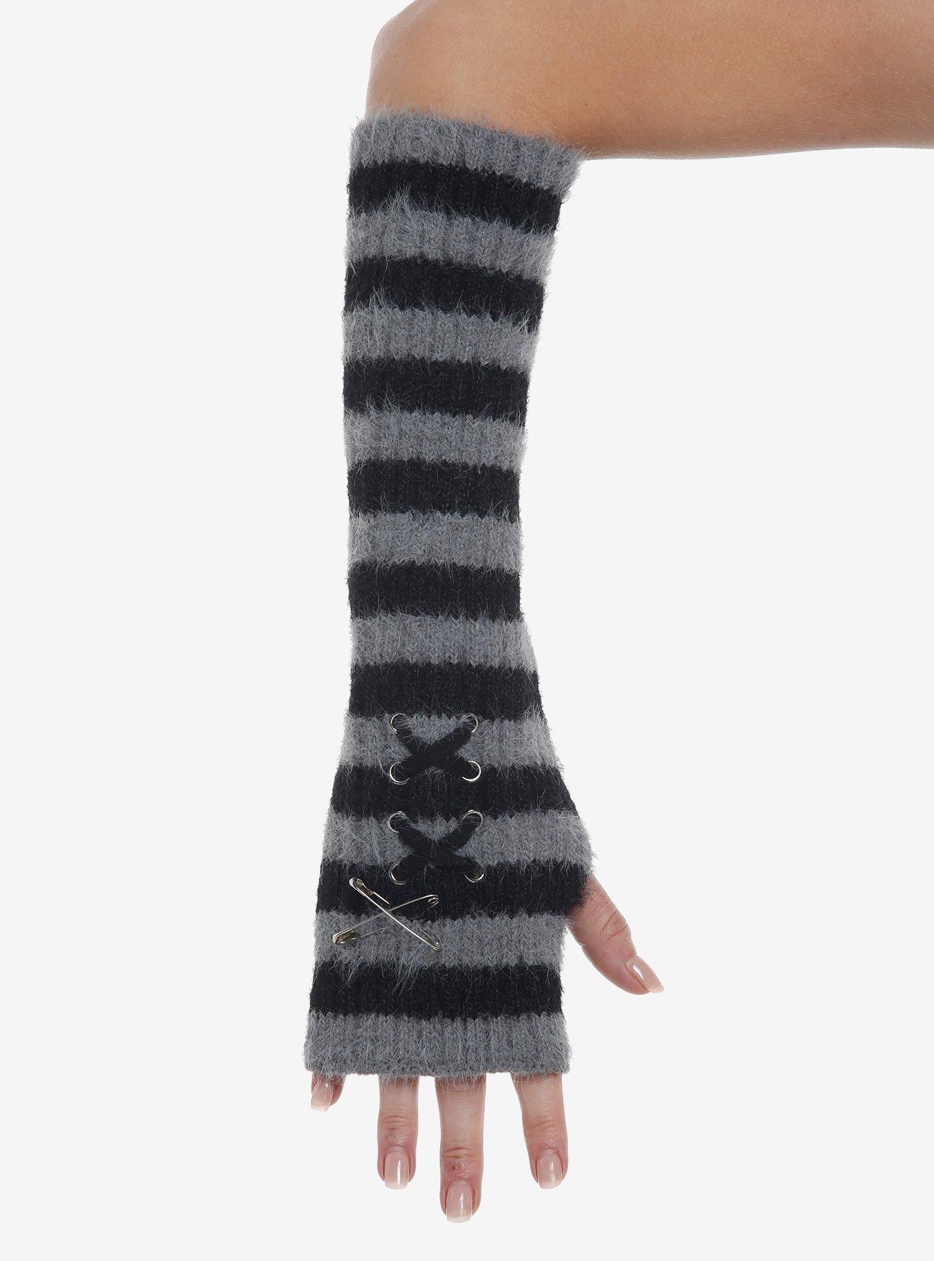 Black & Grey Stripe Lace-Up Fuzzy Arm Warmers, , hi-res