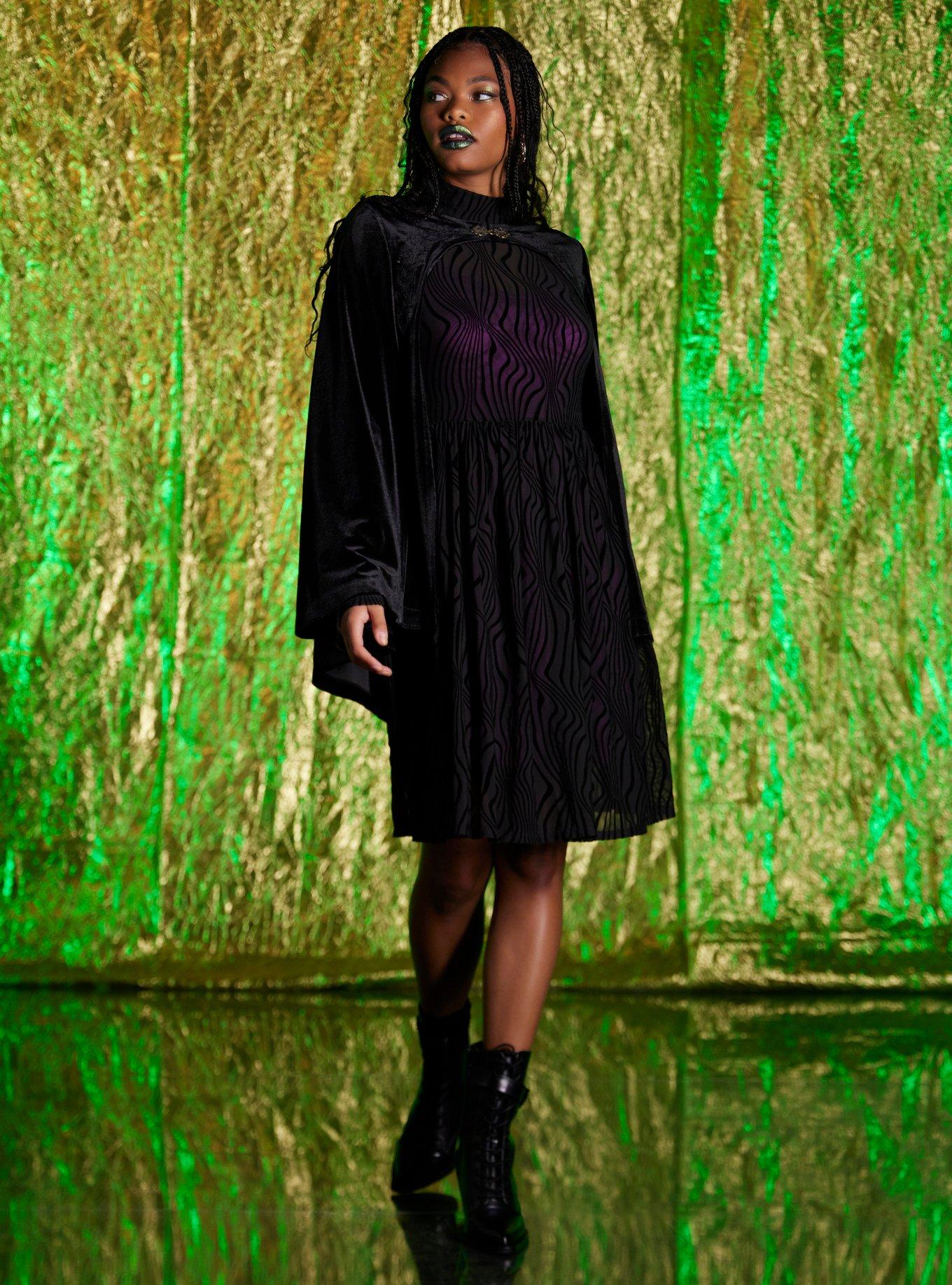 Wicked Elphaba Black Flocked Dress With Cape, BLACK, alternate