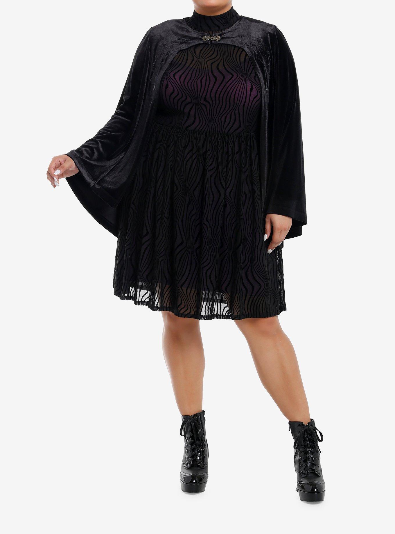 Wicked Elphaba Black Flocked Dress With Cape Plus Size, , hi-res