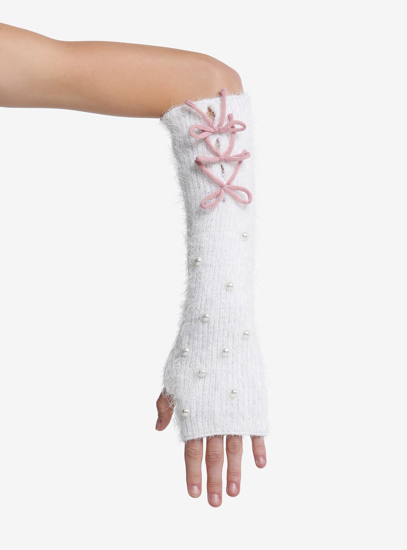 White Pearl Pink Bow Fuzzy Arm Warmers, , alternate