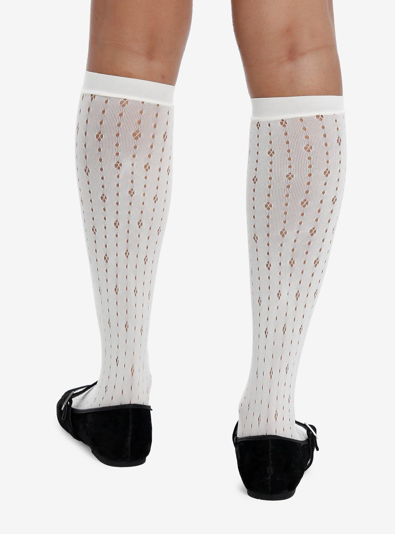 Cream Pointelle Black Bow Knee-High Socks, , hi-res