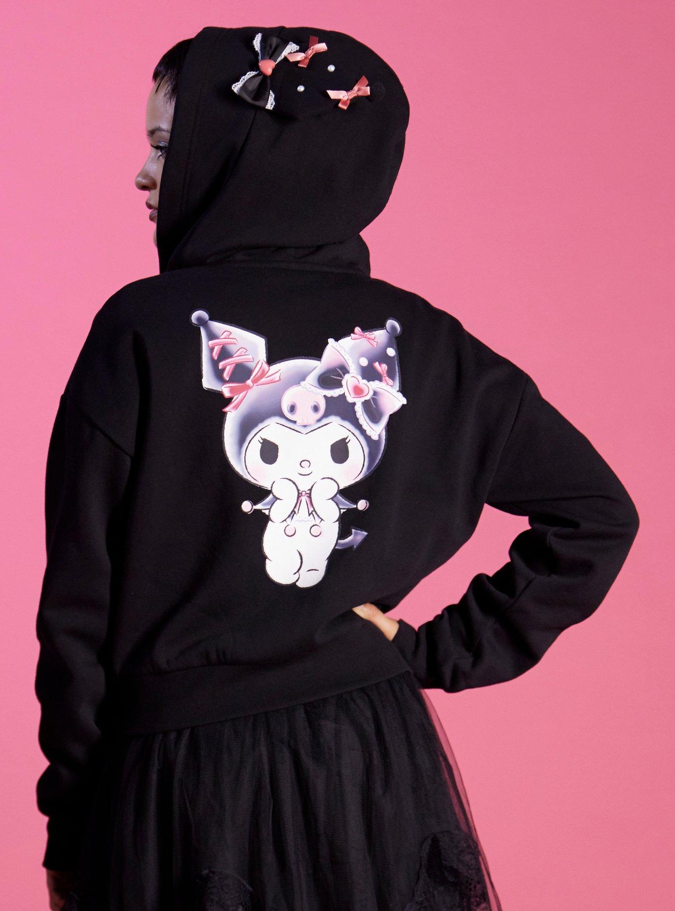 Kuromi Lace Ribbon Girls Crop Hoodie, , hi-res