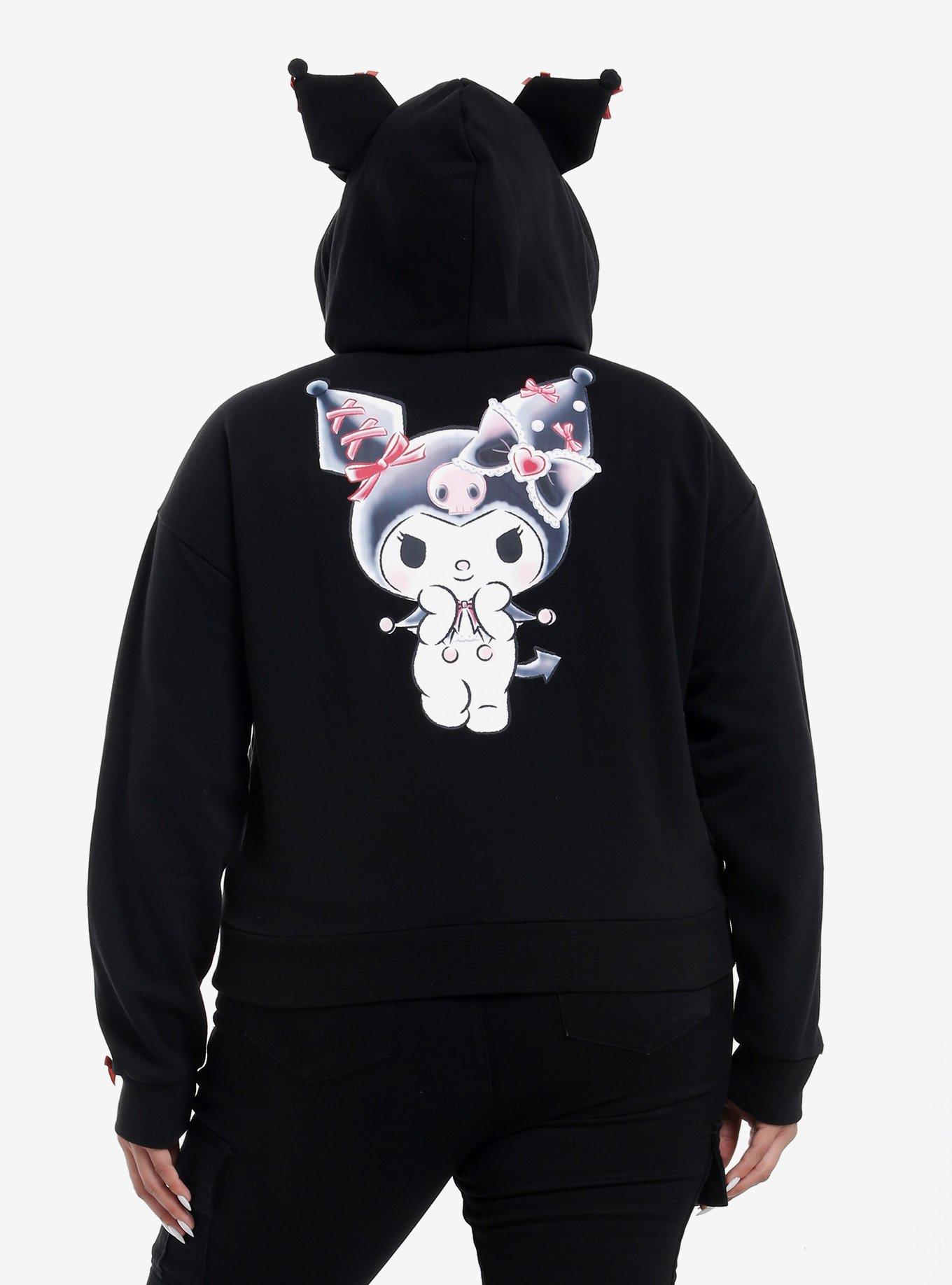 Kuromi Lace Ribbon Girls Crop Hoodie Plus Size, , hi-res