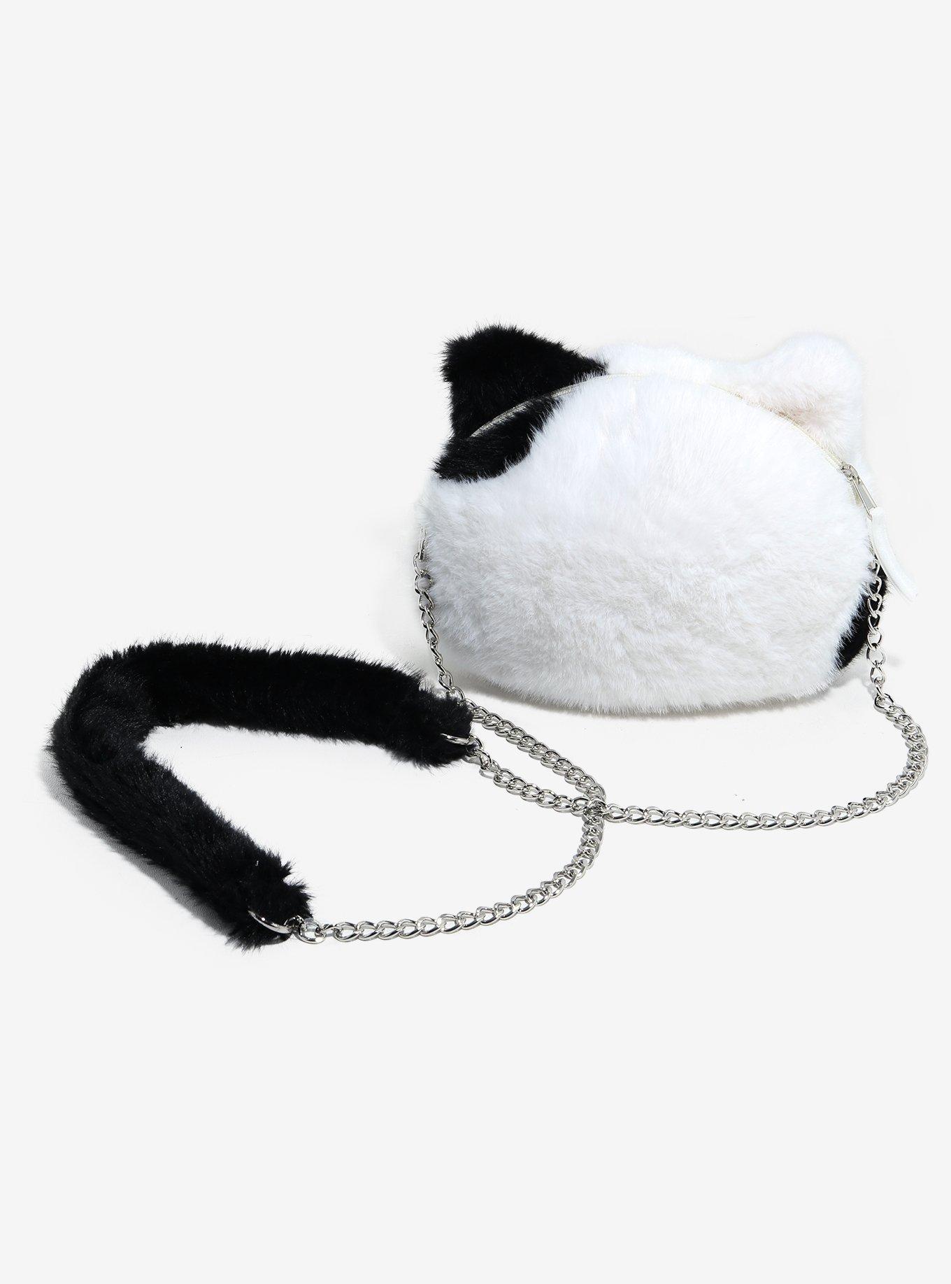 White & Black Cat Face Plush Crossbody Bag, , hi-res