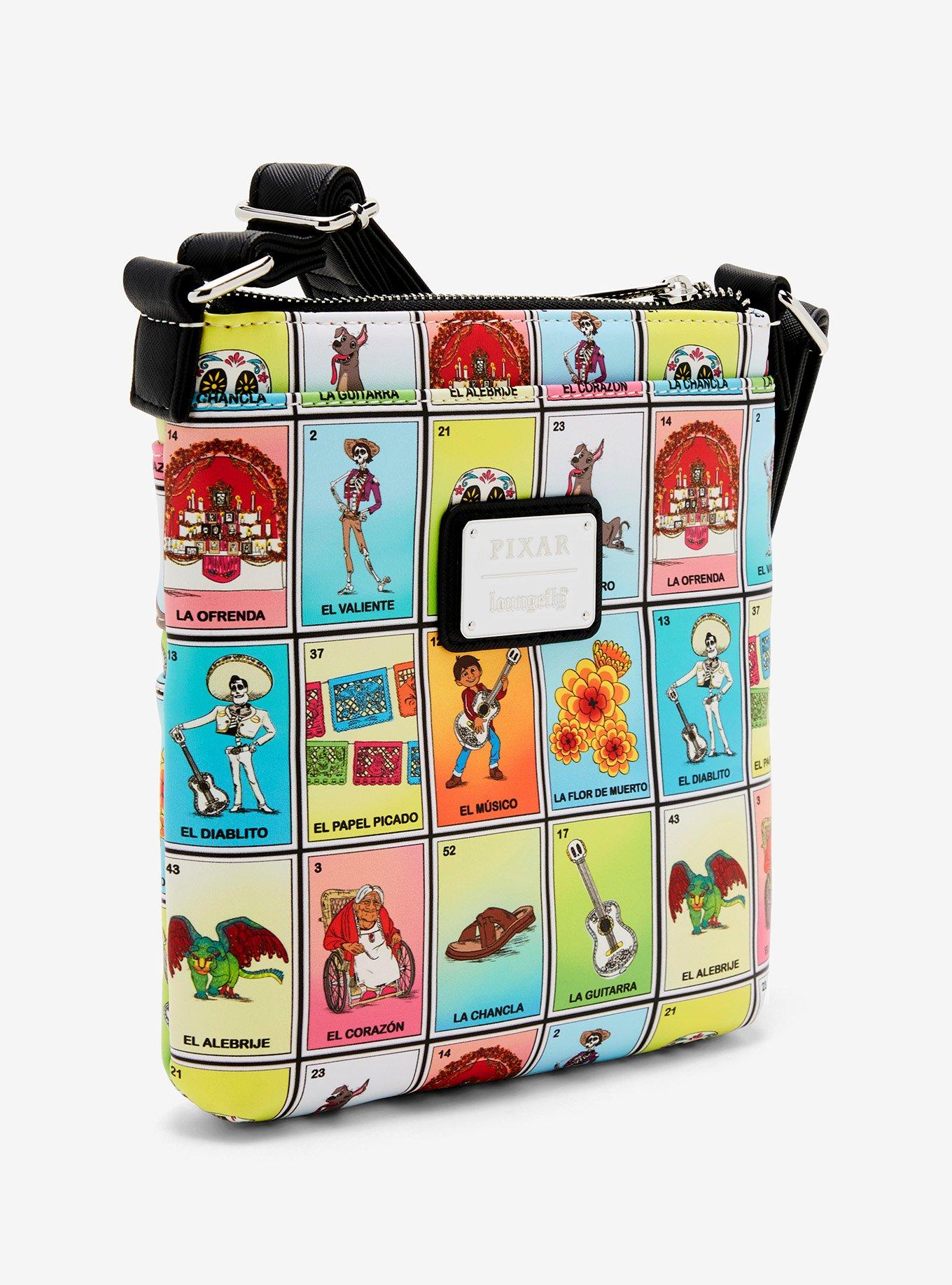 Loungefly Disney Pixar Coco Character Lotería Cards Allover Print Crossbody Bag - BoxLunch Exclusive, , alternate