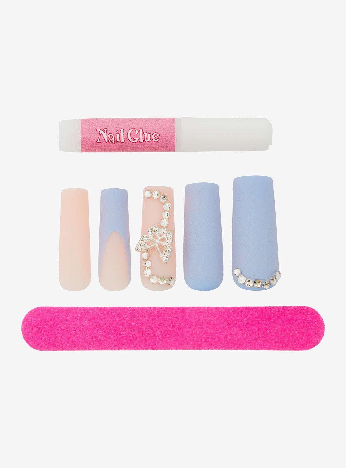 Blue & Pink Butterfly Bling Faux Nail Set, , hi-res