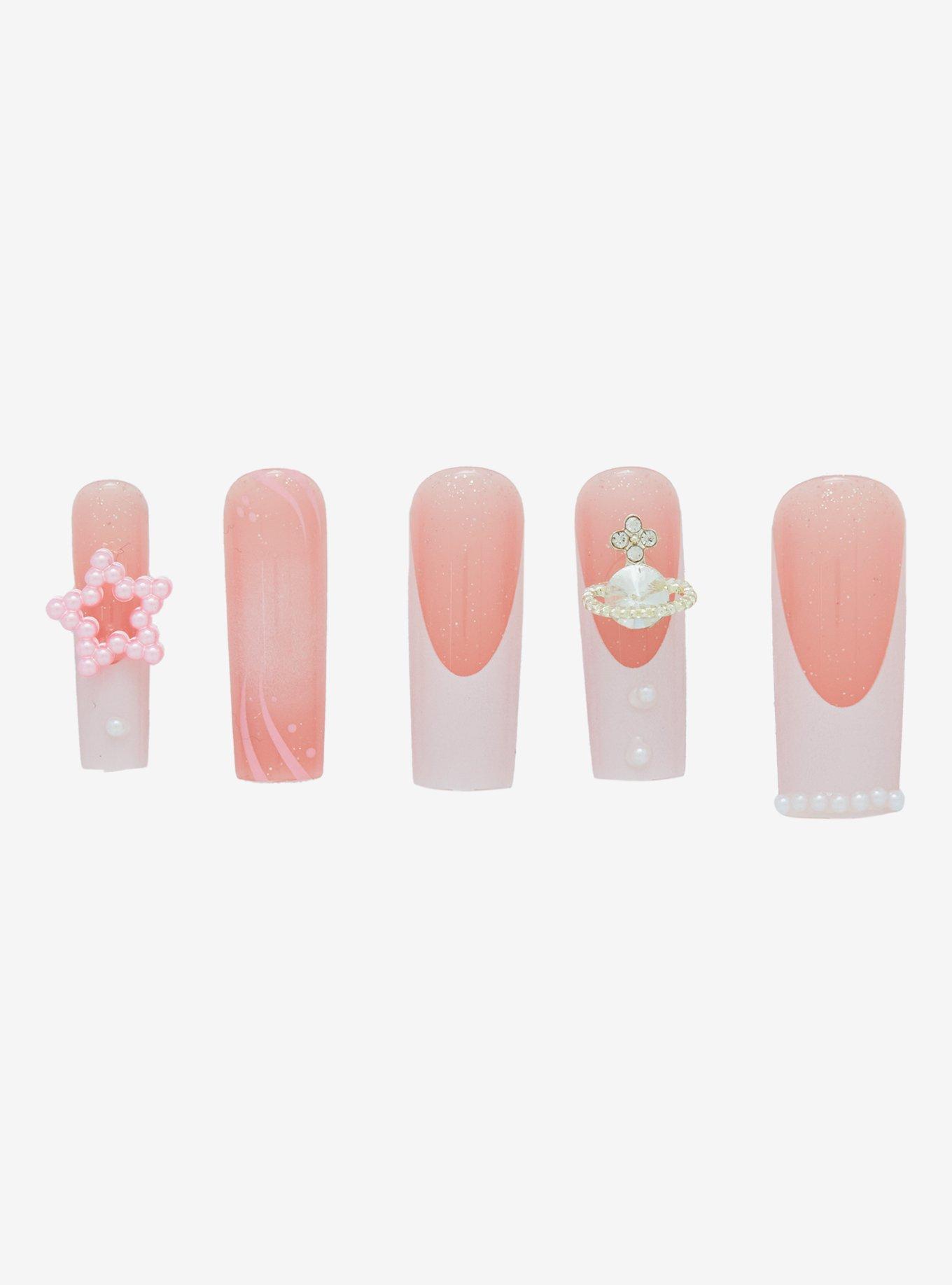 Pink Pearl Star Bling Faux Nail Set, , alternate