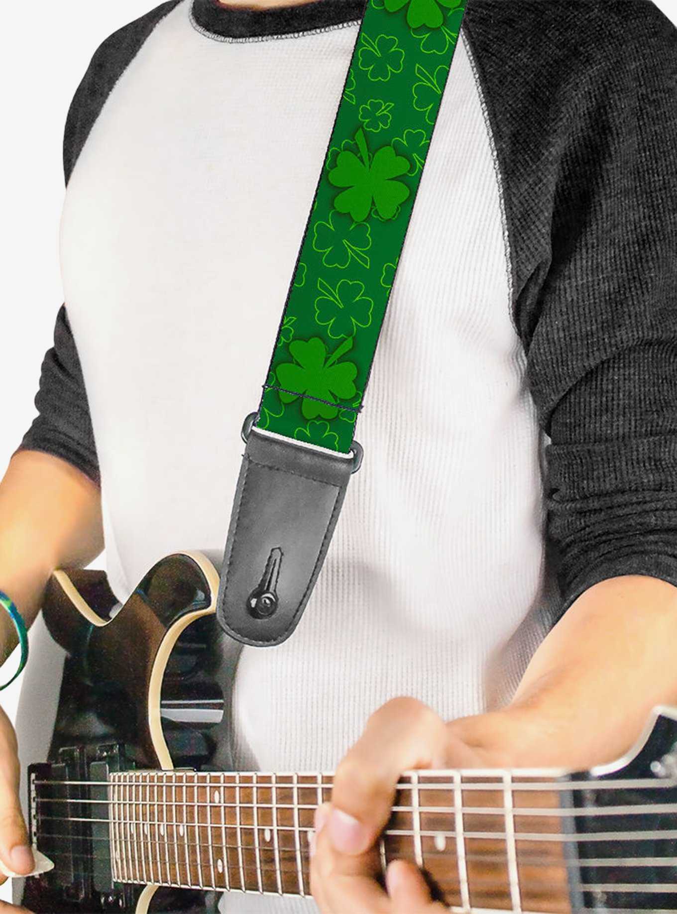 St. Patrick's Day Clovers Scattered Outline Solid Green Guitar Strap, , hi-res