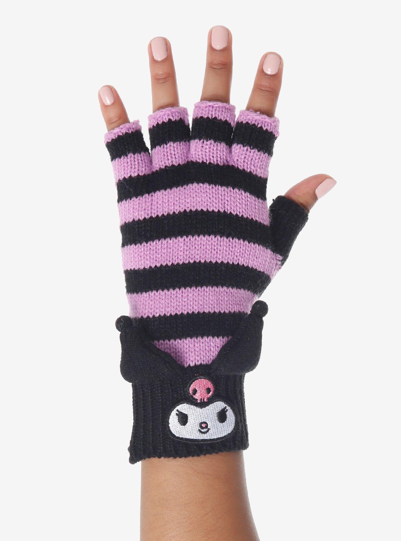 Kuromi Stripe 3D Ears Knit Fingerless Gloves, , hi-res