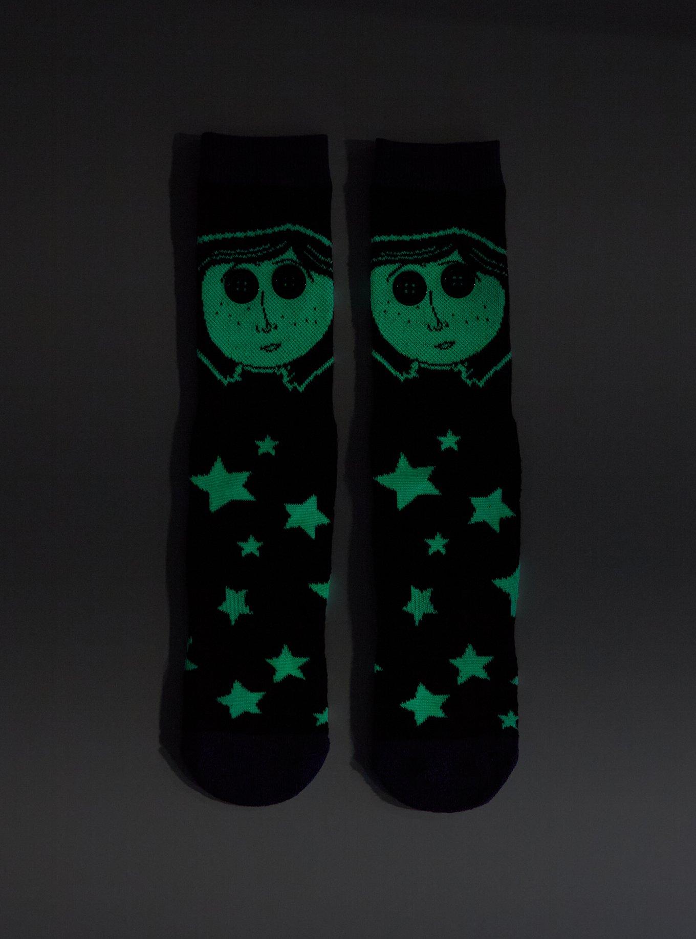 Coraline Button Eyes Coraline Allover Print Glow-in-the-Dark Crew Socks — BoxLunch Exclusive, , hi-res